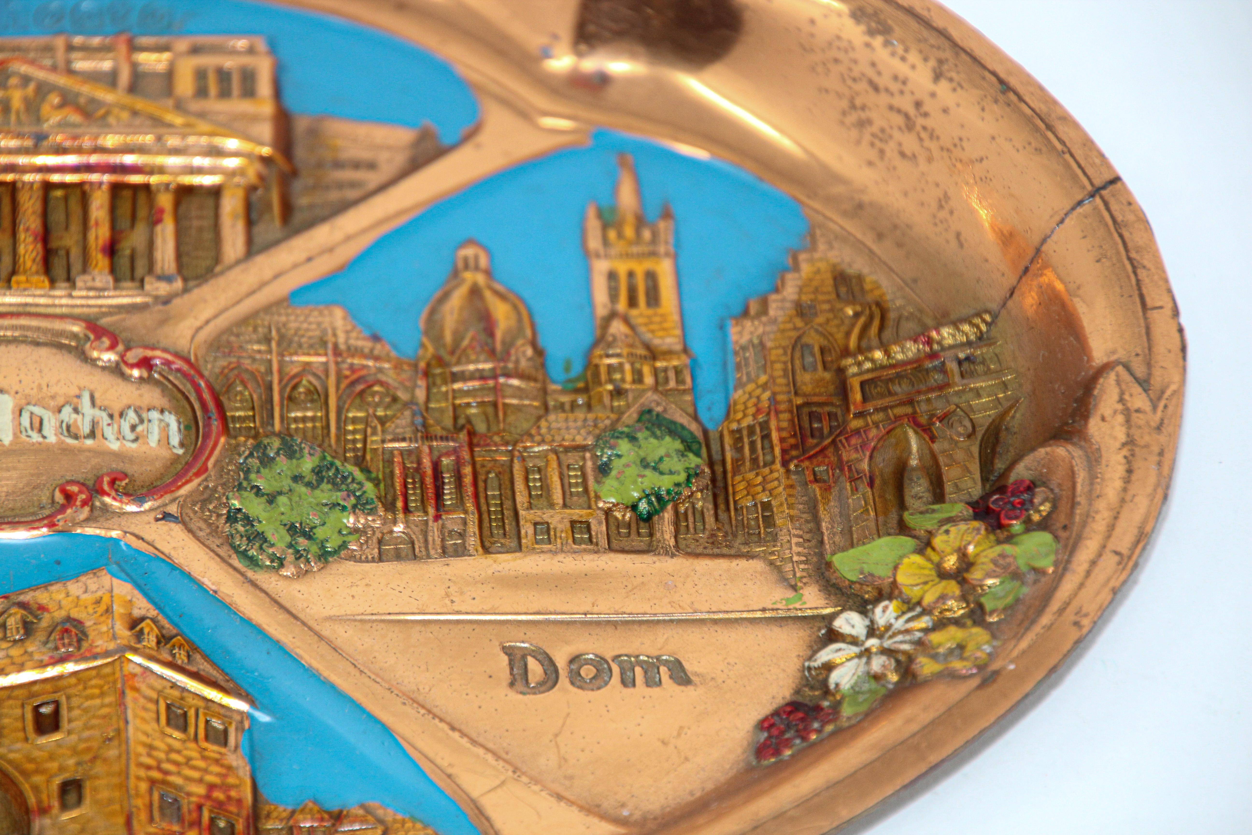 Hand-Painted Two Metal Copper Plates Souvenir of Germany For Sale
