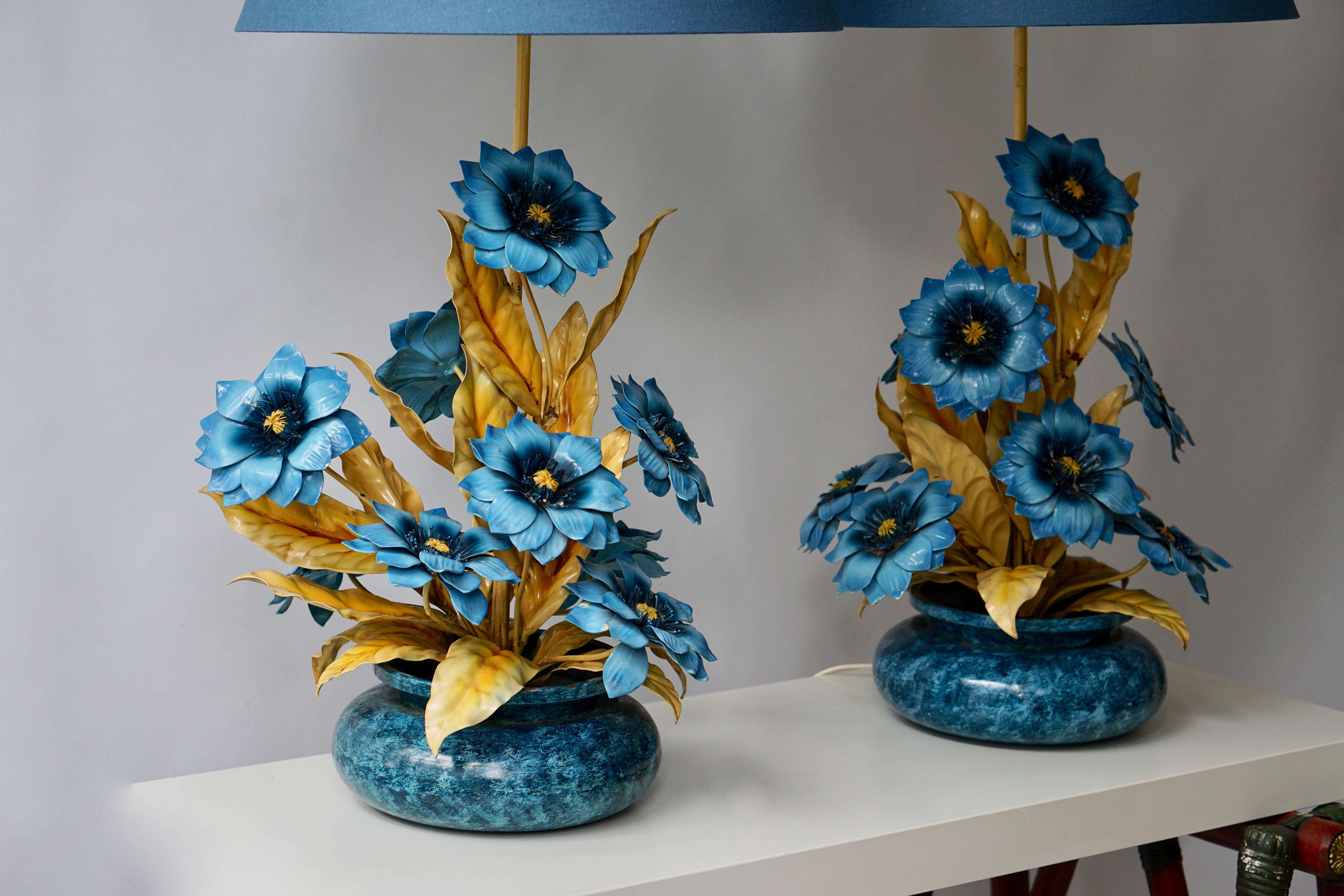 Italian Two Metal Painted Flower Table Lamps