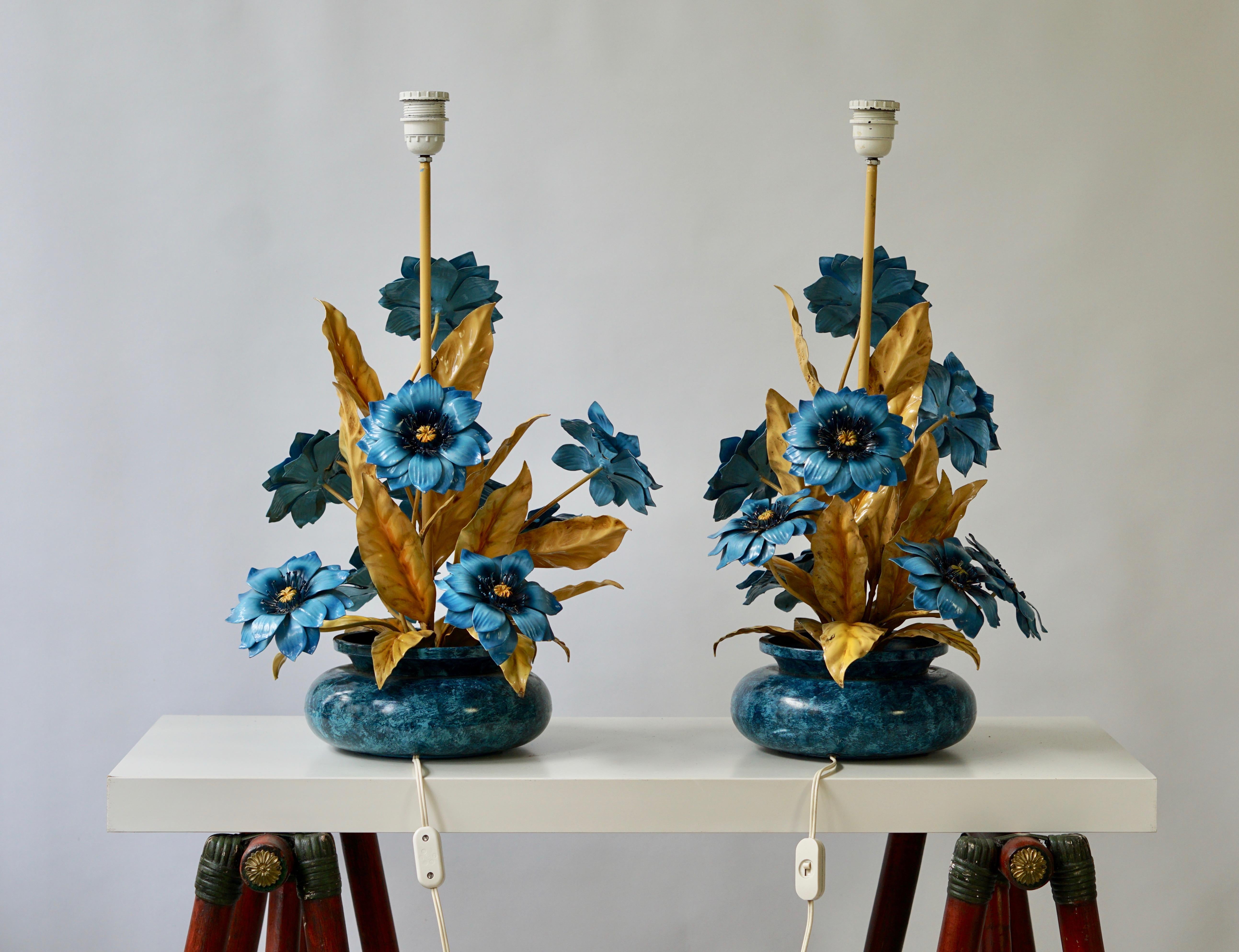 20th Century Two Metal Painted Flower Table Lamps