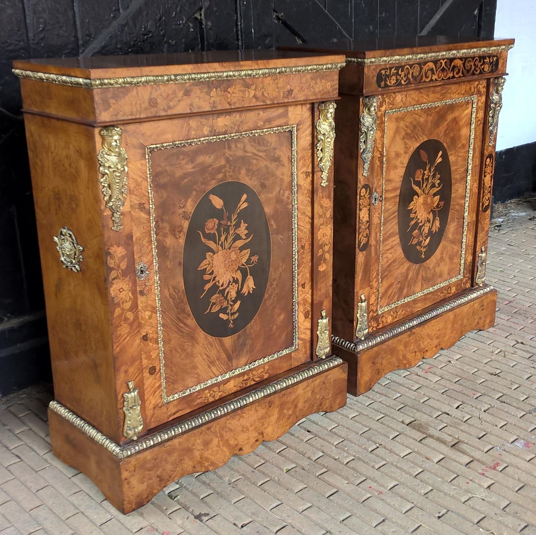 Victorian Two Mid-19th Century Metal Mounted Walnut and Marquetry Pier Cabinets For Sale