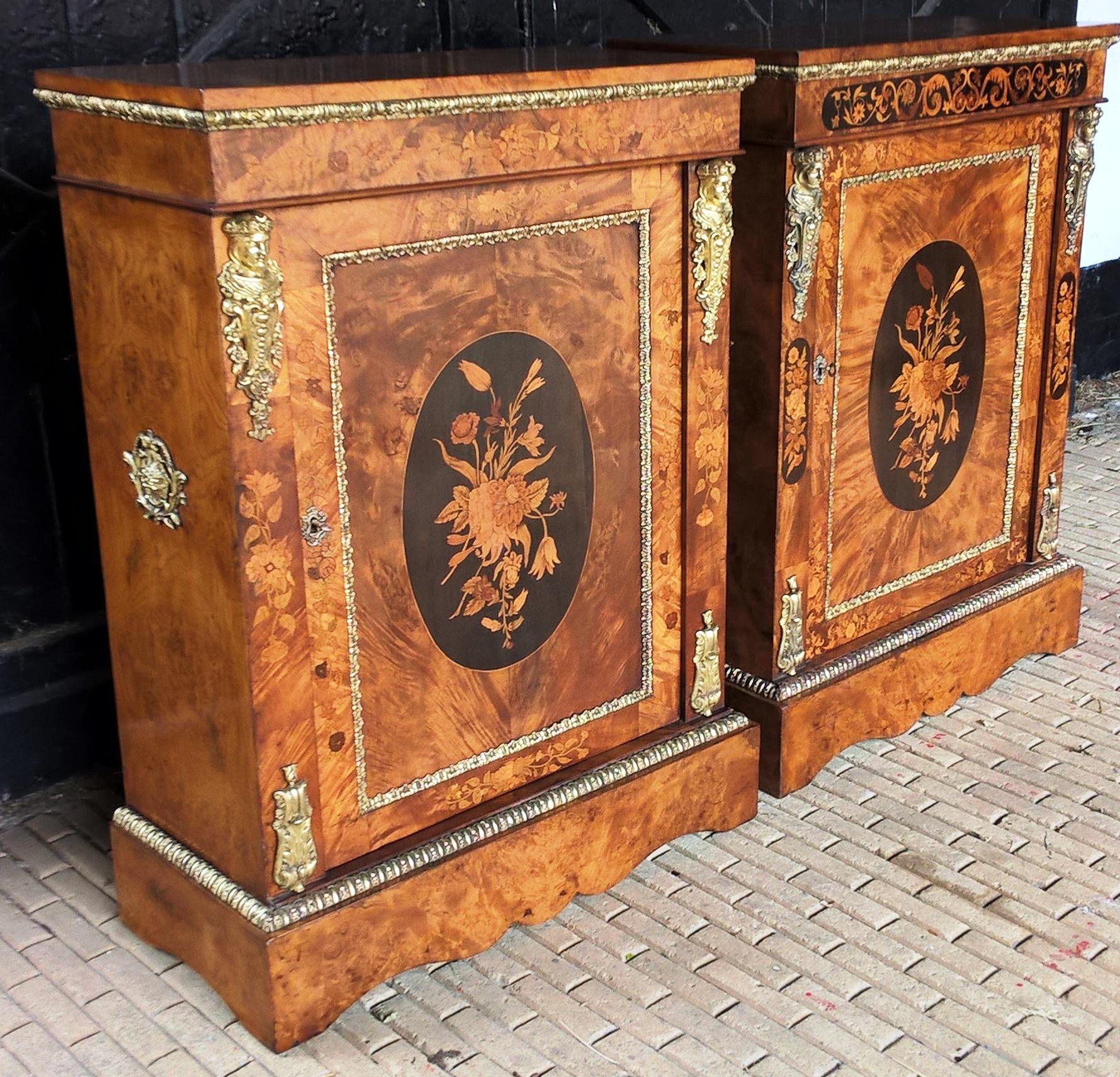European Two Mid-19th Century Metal Mounted Walnut and Marquetry Pier Cabinets For Sale