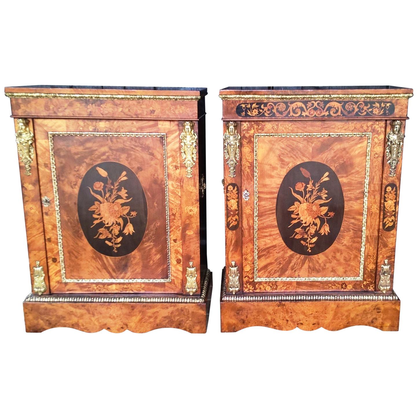 Two Mid-19th Century Metal Mounted Walnut and Marquetry Pier Cabinets For Sale