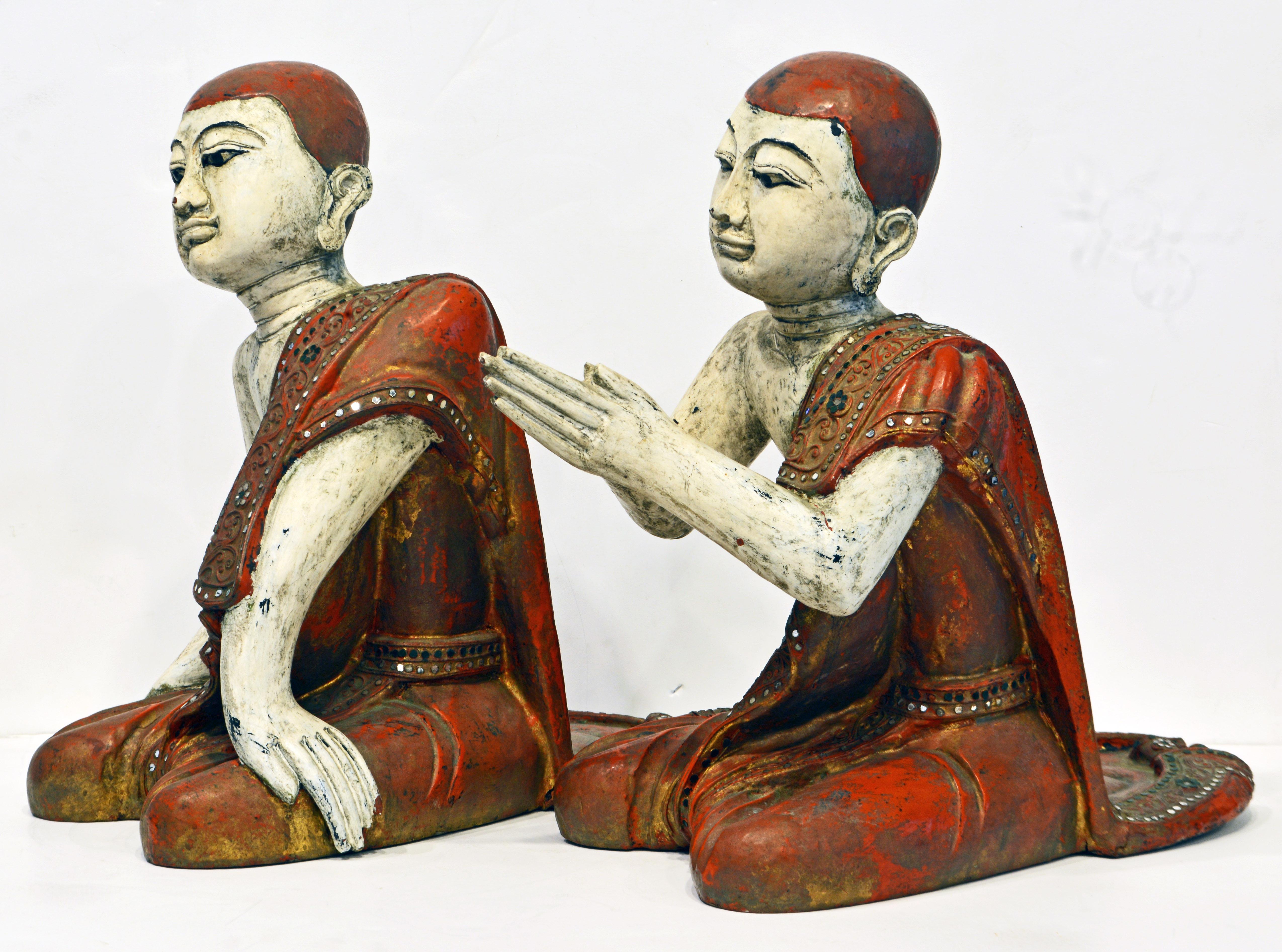 Chinoiserie Two Mid-20 Century Thai or Burmese Carved and Painted Figures of Buddhist Monks