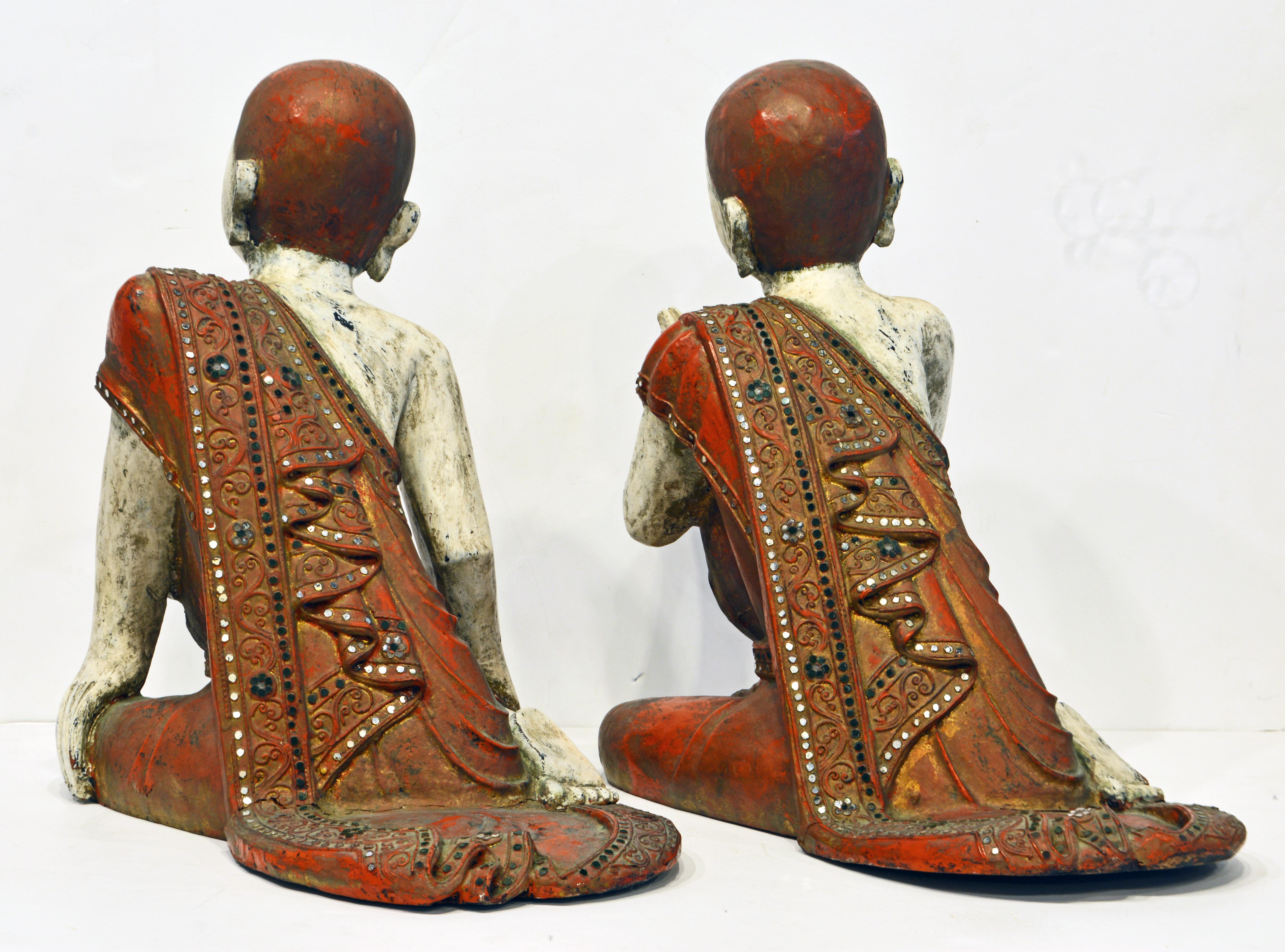 Hand-Carved Two Mid-20 Century Thai or Burmese Carved and Painted Figures of Buddhist Monks