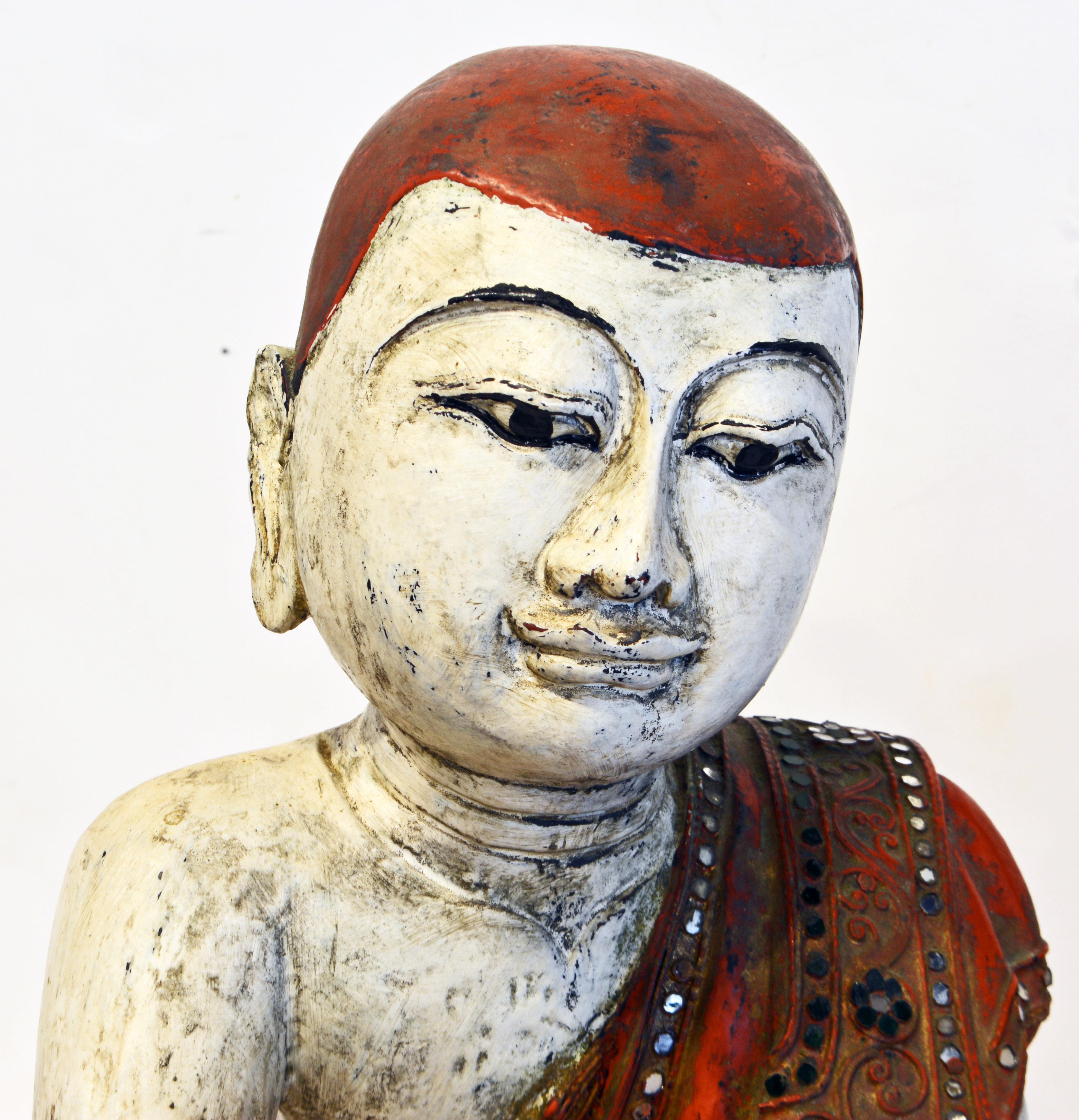 20th Century Two Mid-20 Century Thai or Burmese Carved and Painted Figures of Buddhist Monks
