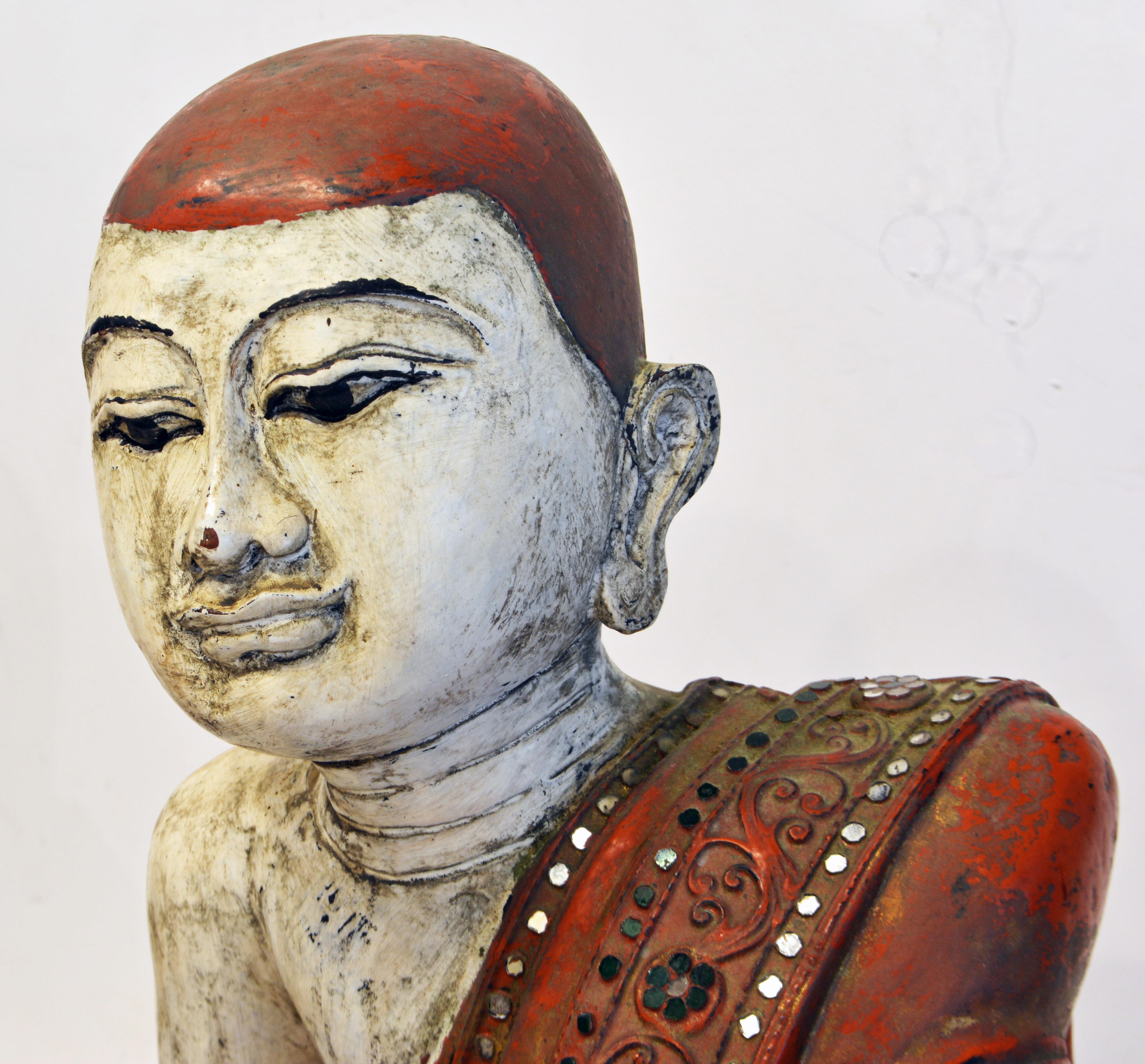 Glass Two Mid-20 Century Thai or Burmese Carved and Painted Figures of Buddhist Monks