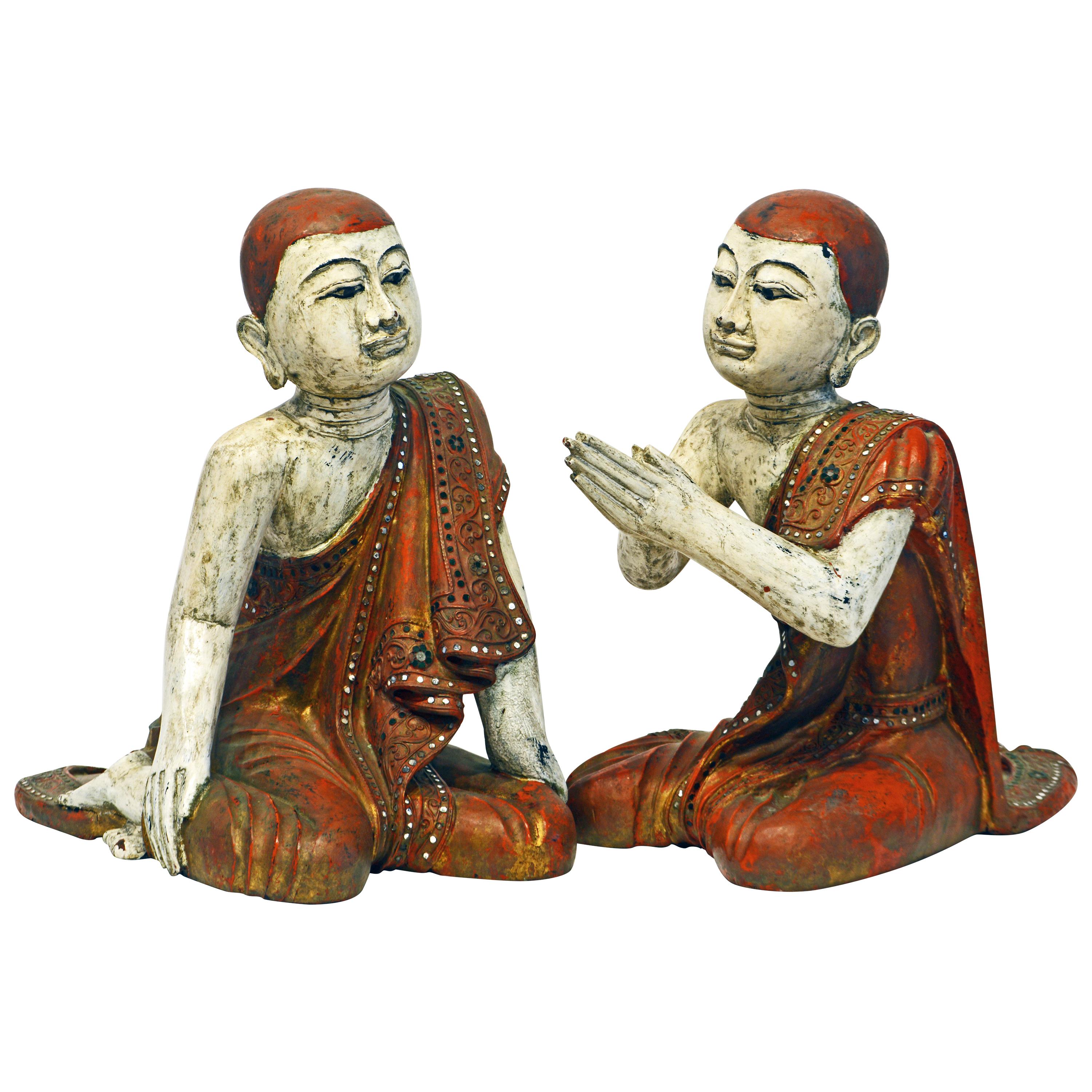 Two Mid-20 Century Thai or Burmese Carved and Painted Figures of Buddhist Monks