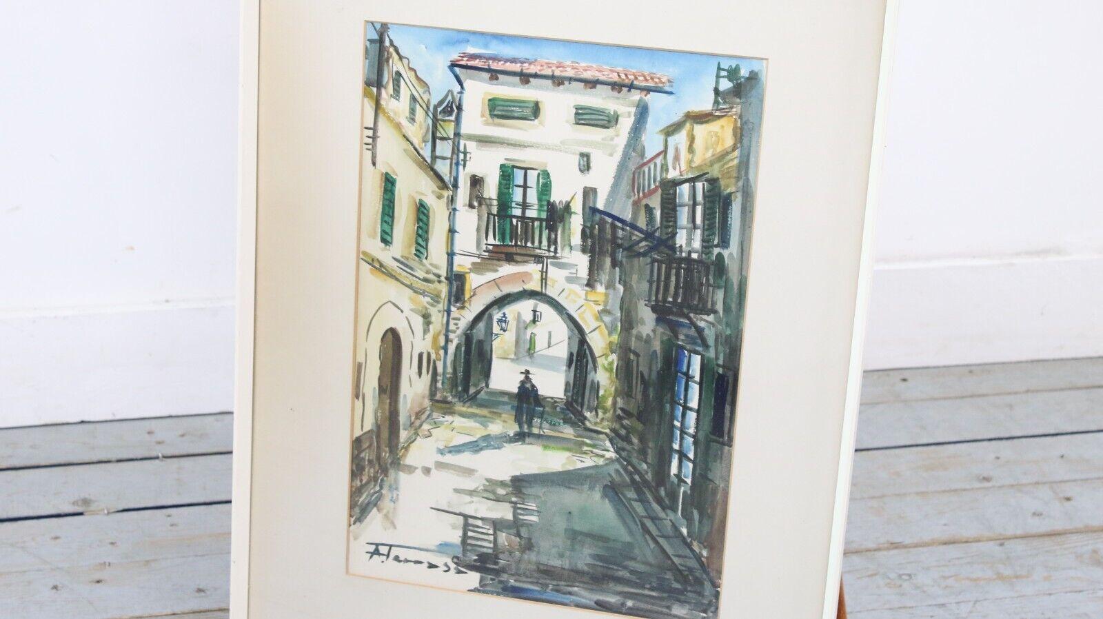 European Two Mid Century 1960 Spanish Watercolour Paintings For Sale