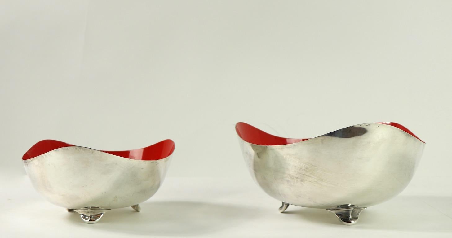 Mid-Century Modern Two Mid Century Biomorphic Silver Plate Bowls with Red Enamel Interiors Oneida