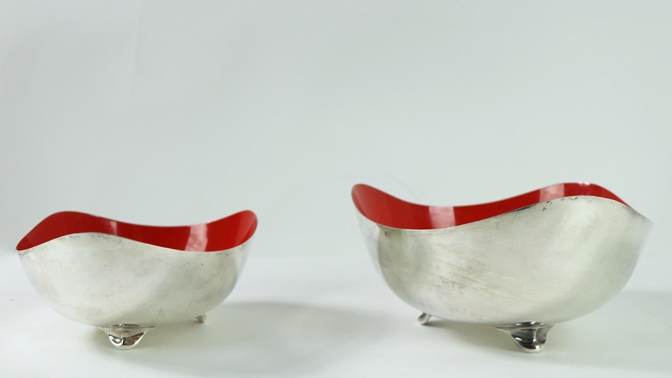 American Two Mid Century Biomorphic Silver Plate Bowls with Red Enamel Interiors Oneida