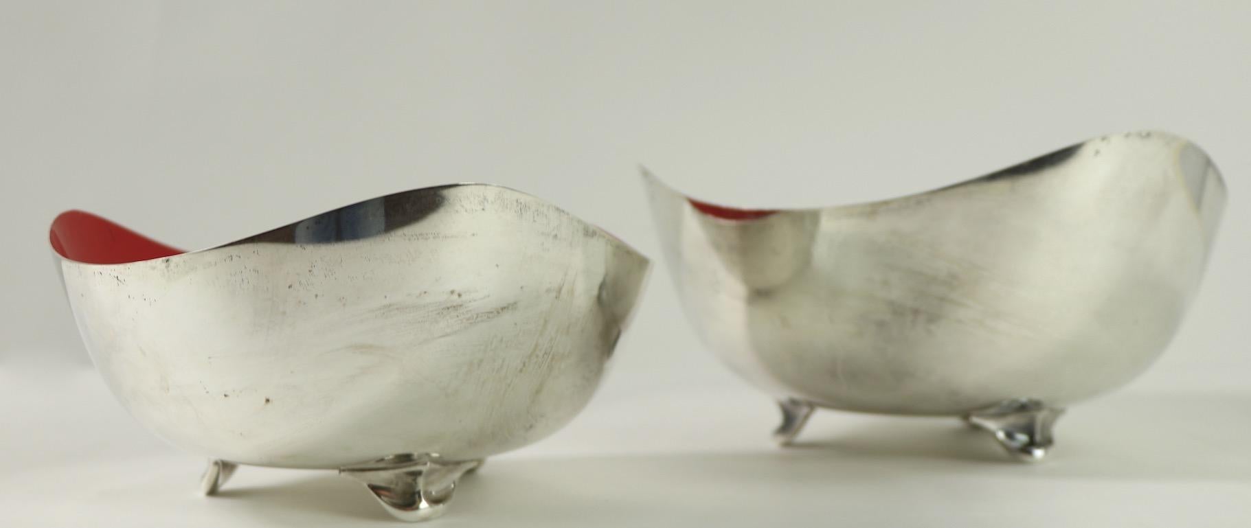 Two Mid Century Biomorphic Silver Plate Bowls with Red Enamel Interiors Oneida 1