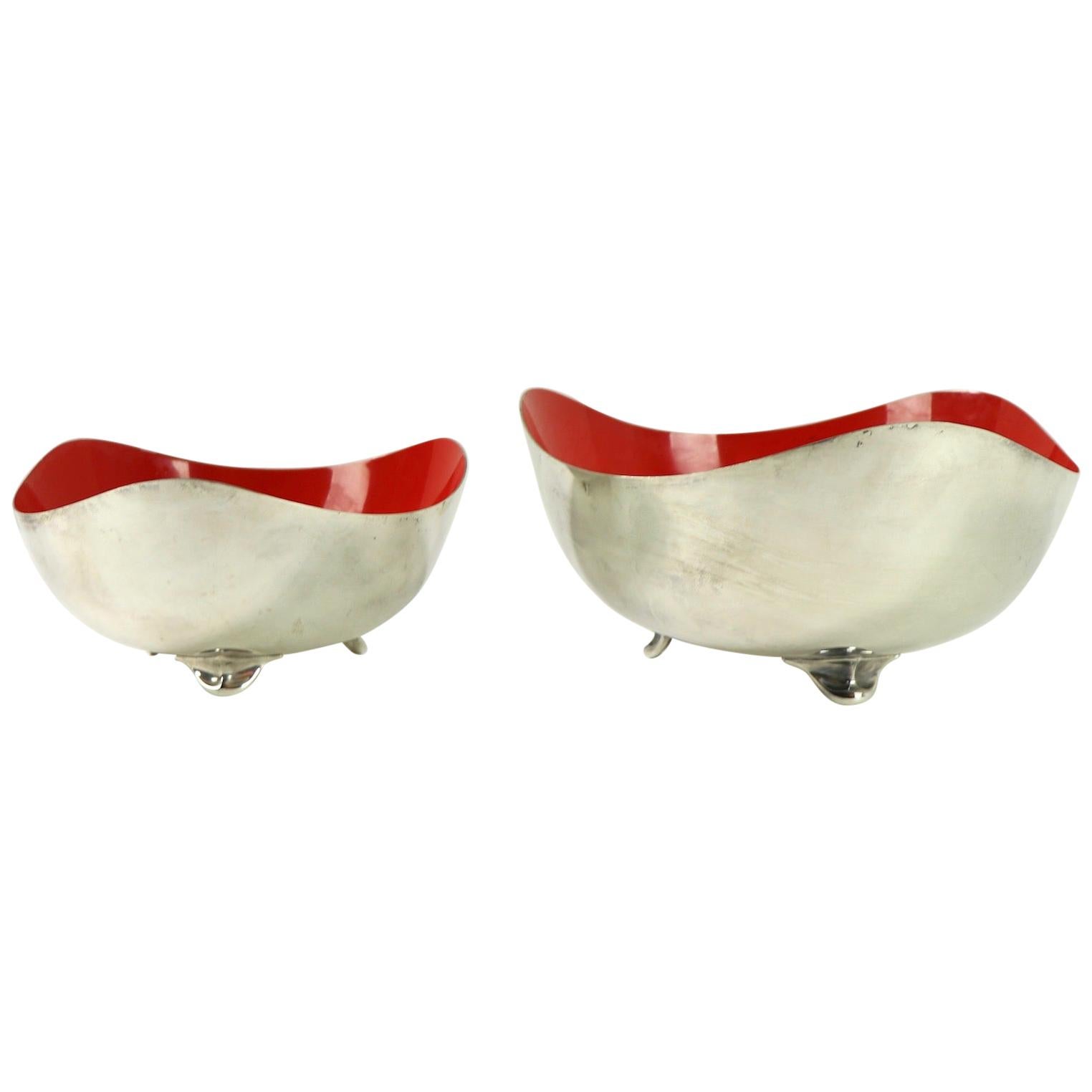 Two Mid Century Biomorphic Silver Plate Bowls with Red Enamel Interiors Oneida