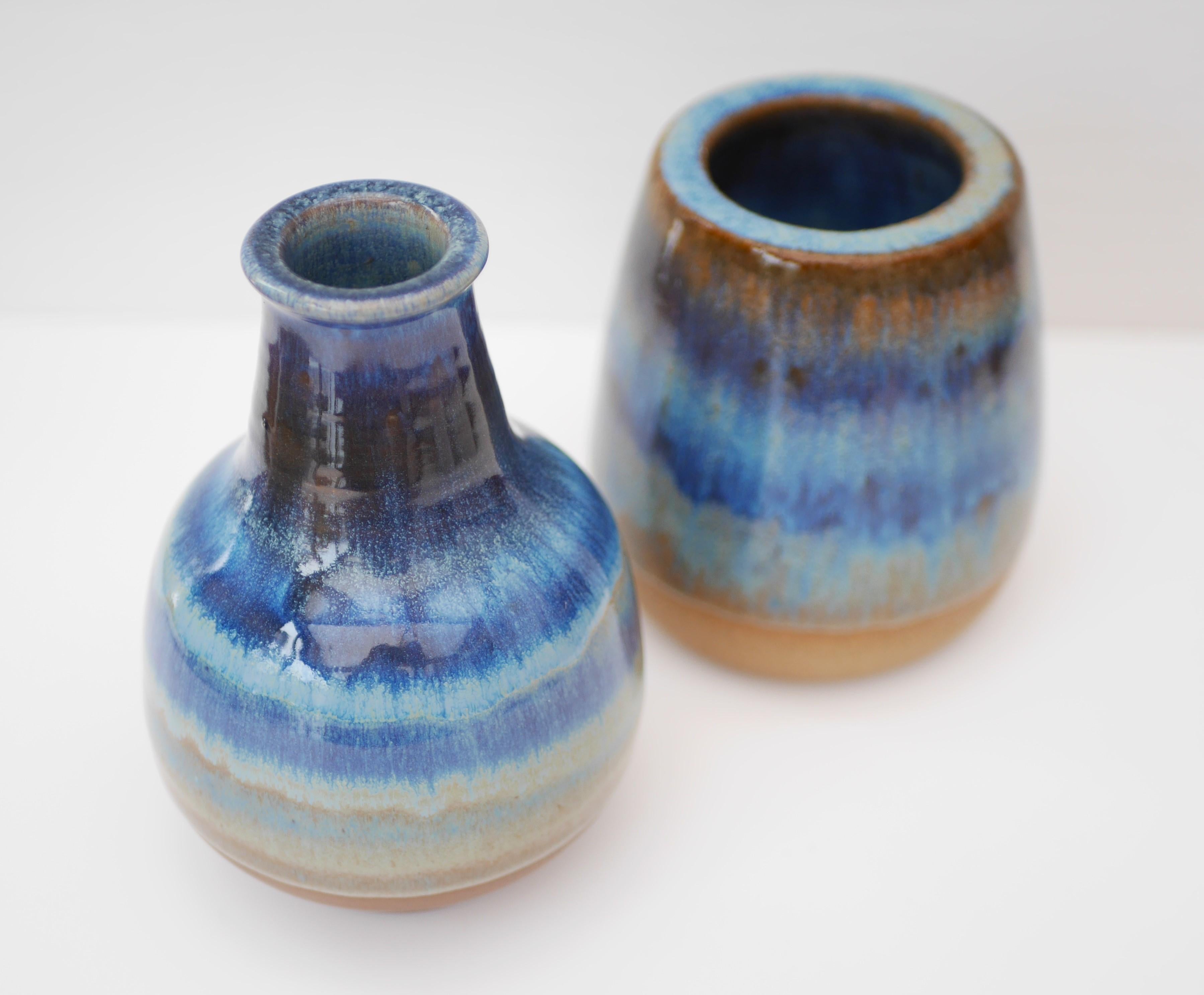 Hand-Crafted Two Mid-century blue vases by Michael Andersen, Bornholm, Denmark. For Sale