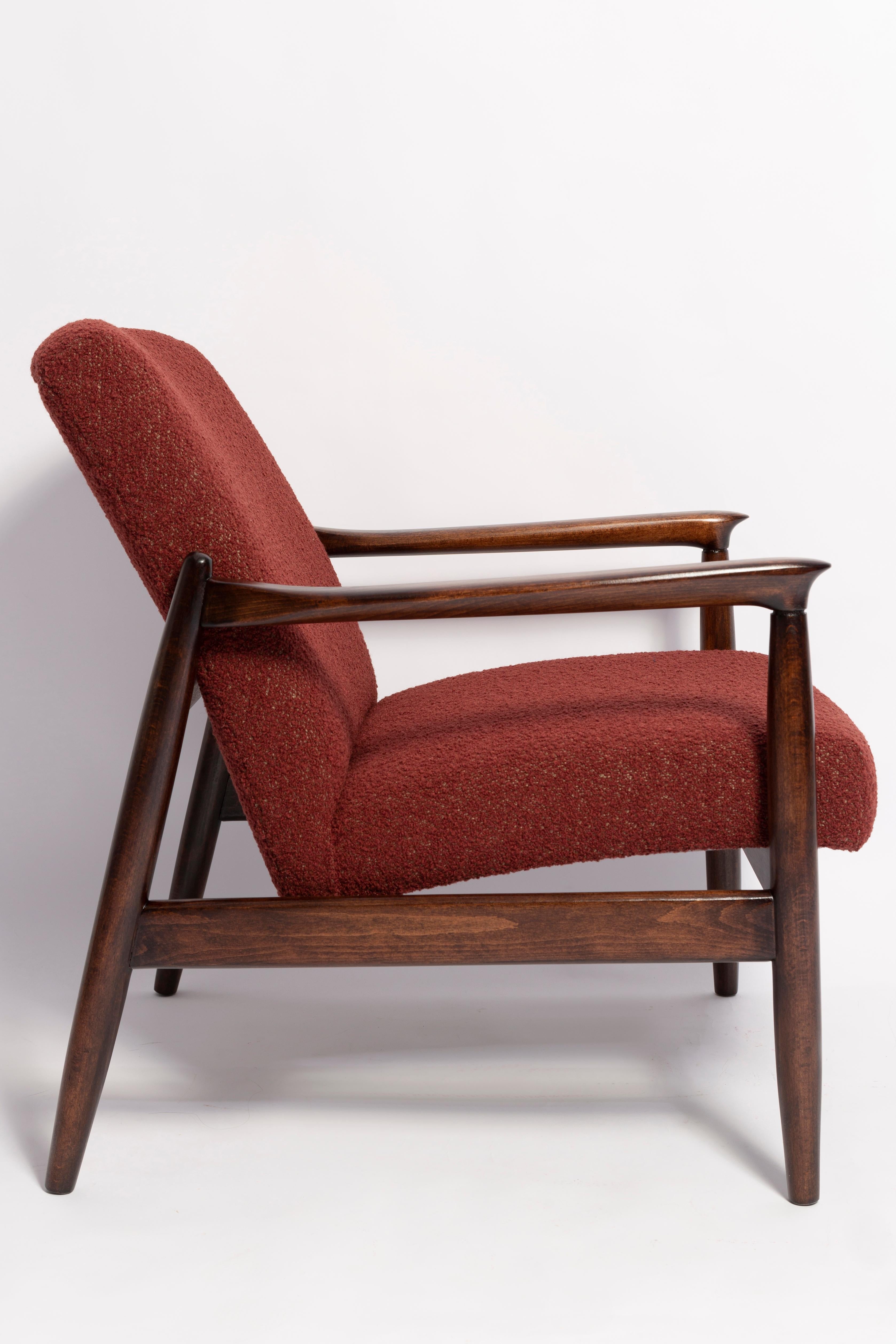 Hand-Crafted Two Mid Century Burgundy Boucle GFM-64 Armchairs, Edmund Homa, Europe, 1960s For Sale