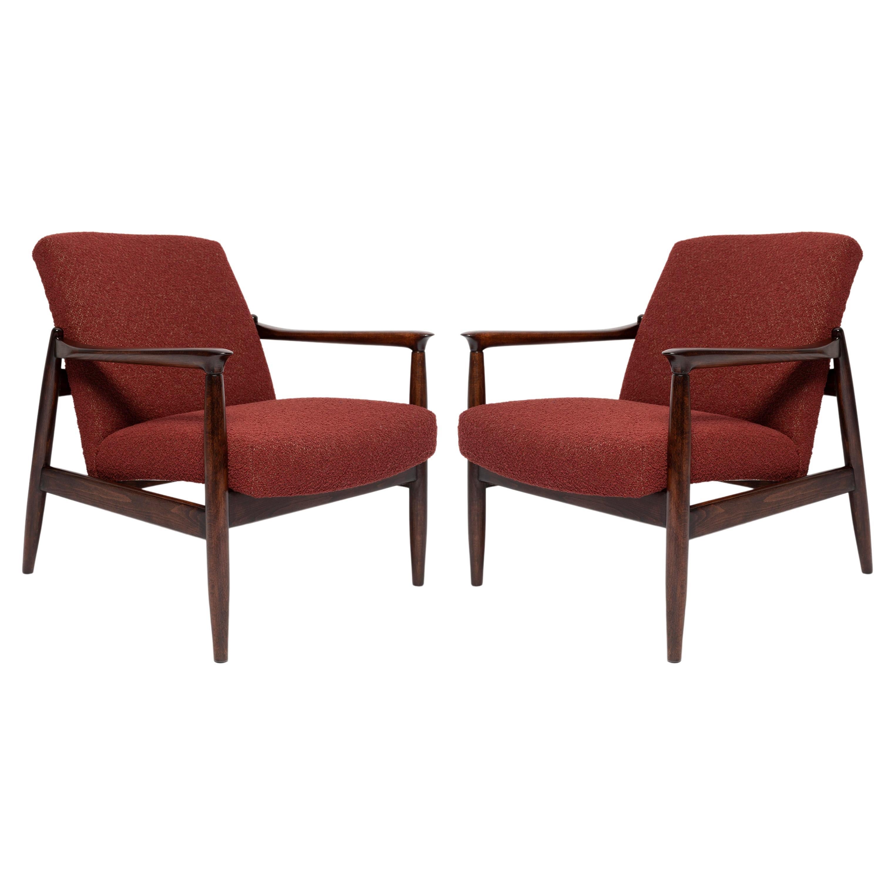 Two Mid Century Burgundy Boucle GFM-64 Armchairs, Edmund Homa, Europe, 1960s