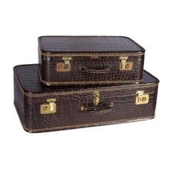 Two Mid-century Crocodile Skin Pattern Suitcases