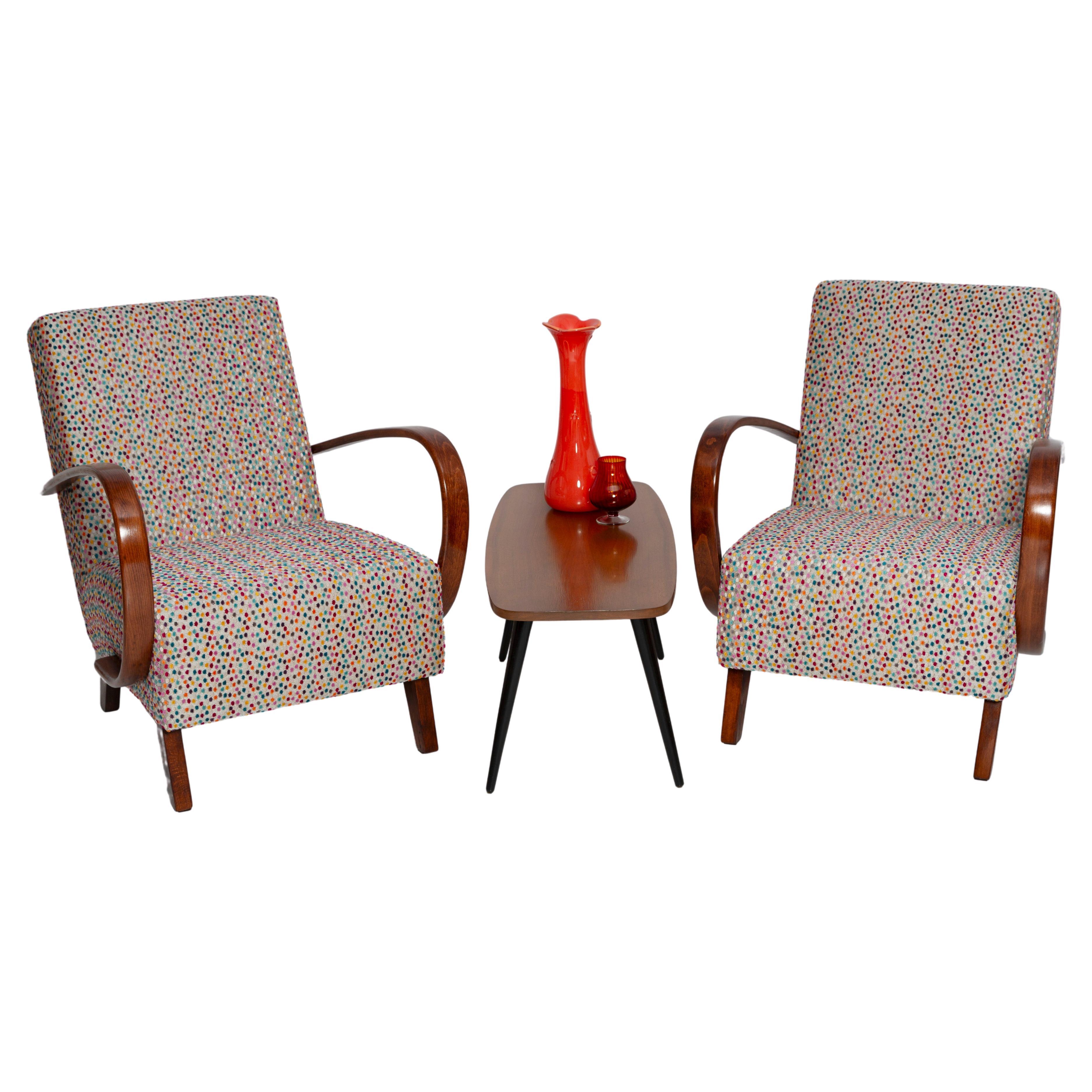 Two Mid Century Dots Velvet Armchairs and Table, Halabala Czech Republic, 1950s For Sale