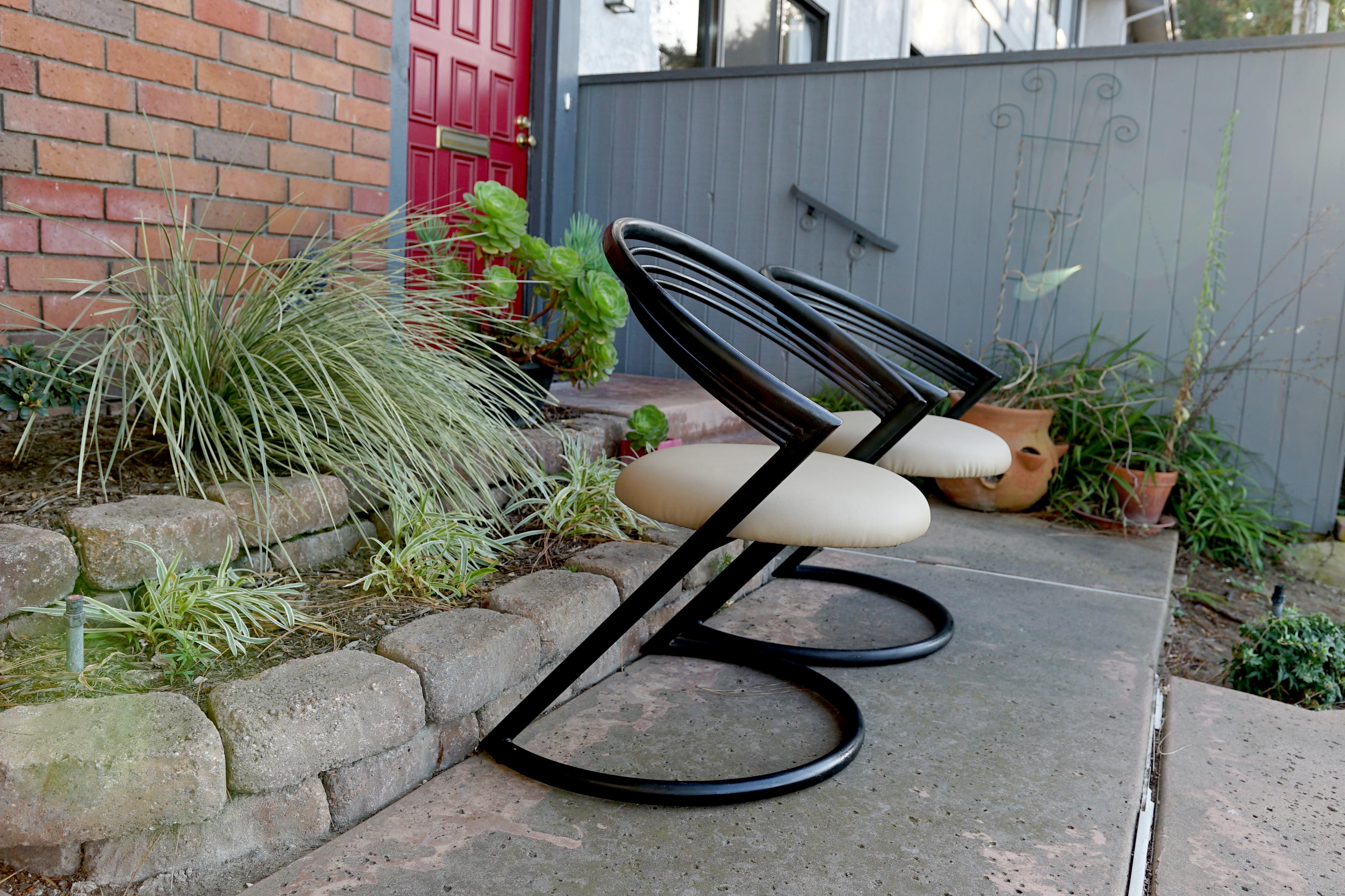 Ebonized Two Mid Century Futuristic Vintage Iron Chairs in Style of Willy Rizzo, Thonet For Sale