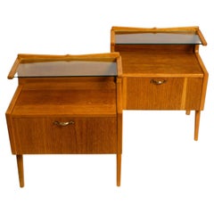 Two Mid Century Italian Bedside Tables Made of Oak with Teak Veneer and Glass