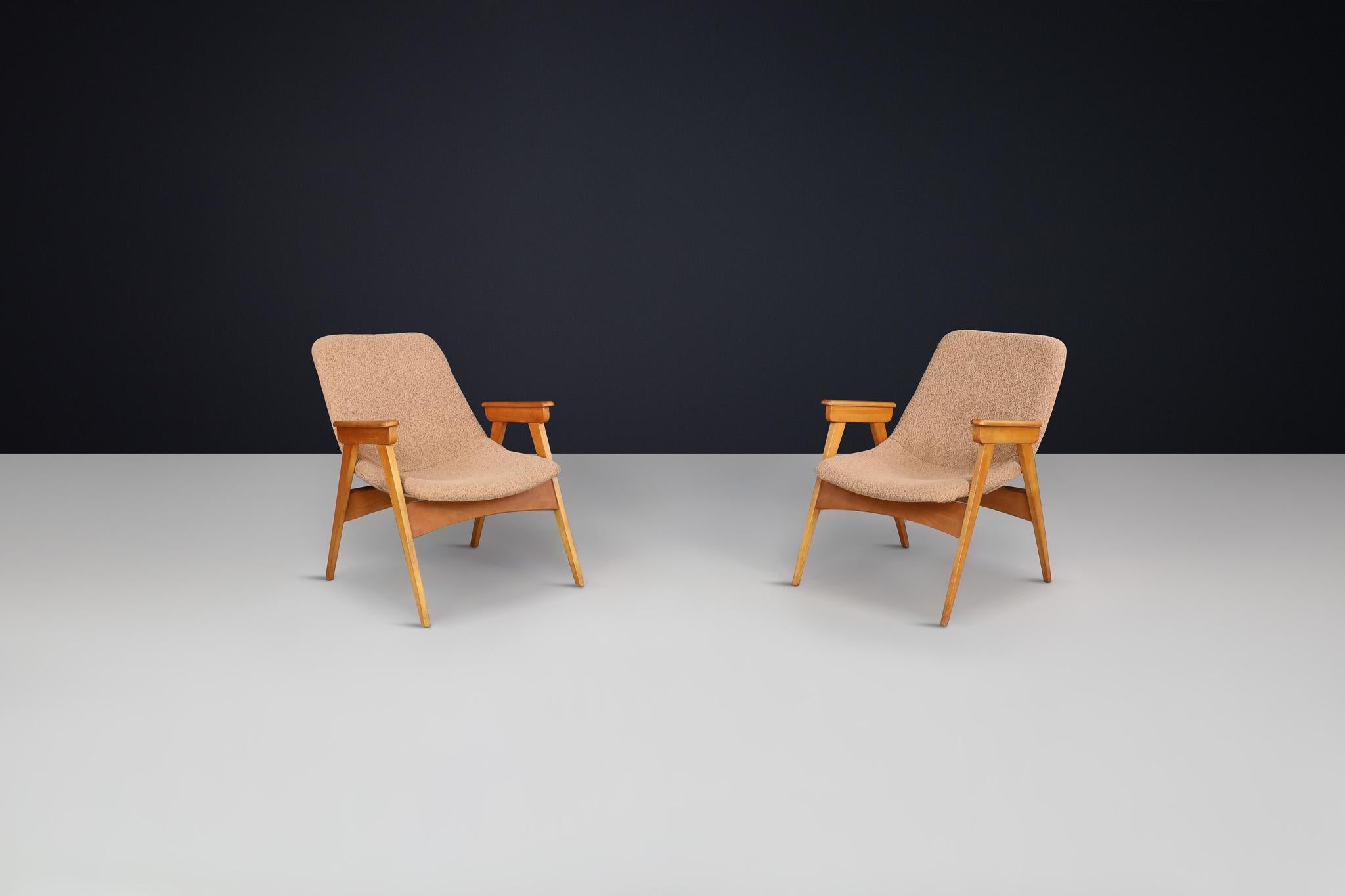 Deux fauteuils en hêtre et fibre de verre The Moderns - République tchèque, années 1950

Ces fauteuils modernes du milieu du siècle, originaires de la Tchécoslovaquie des années 1950, sont un mélange raffiné de design minimaliste et de matériaux