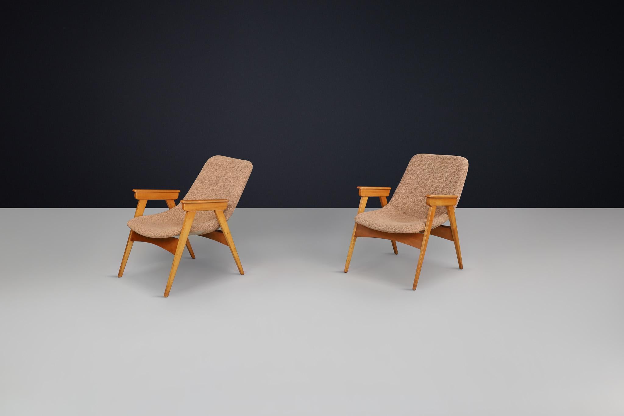 Mid-Century Modern Deux fauteuils en hêtre et fibre de verre The Moderns - République tchèque, années 1950 en vente