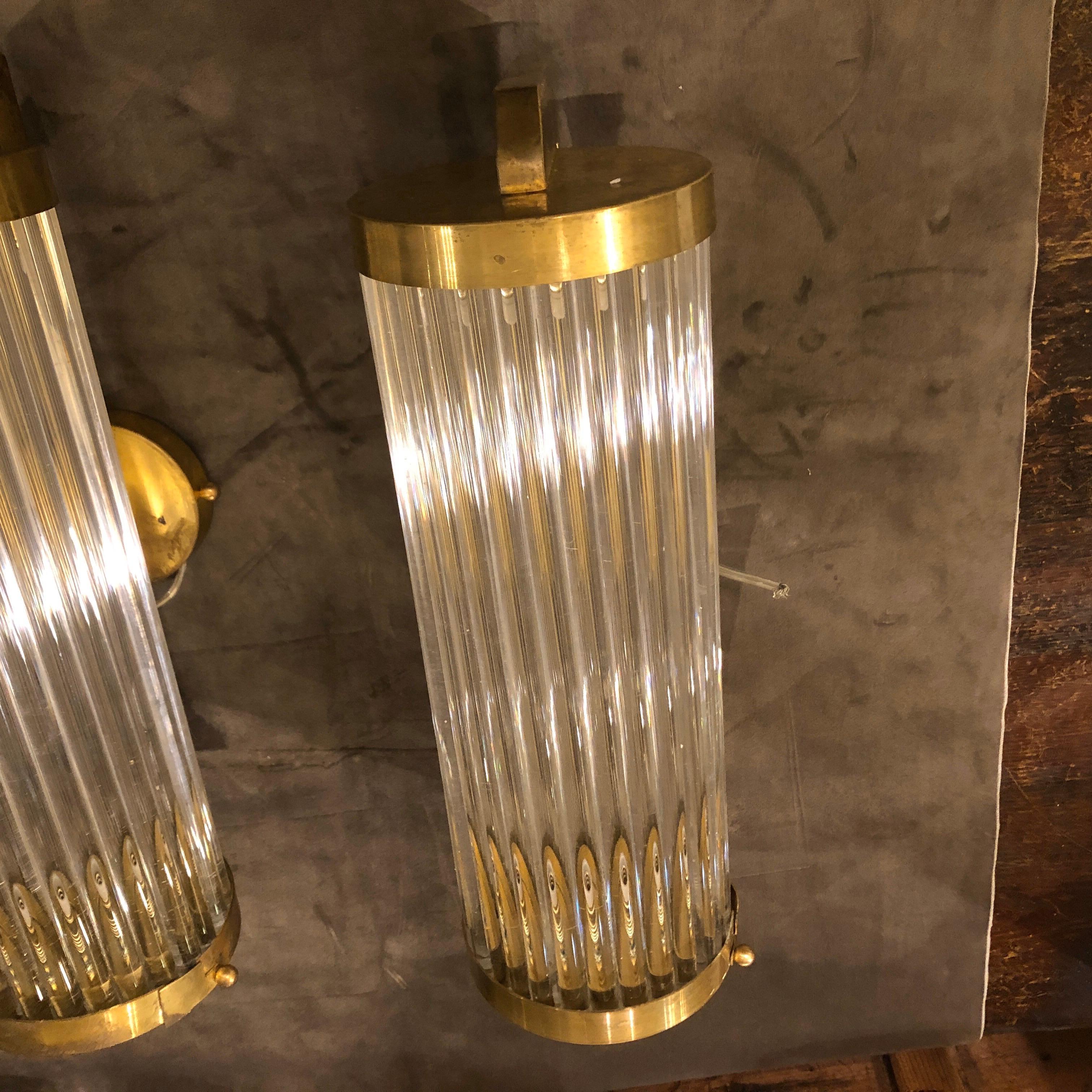 Two Mid-Century Modern Brass and Glass Italian wall Sconces, circa 1970 5