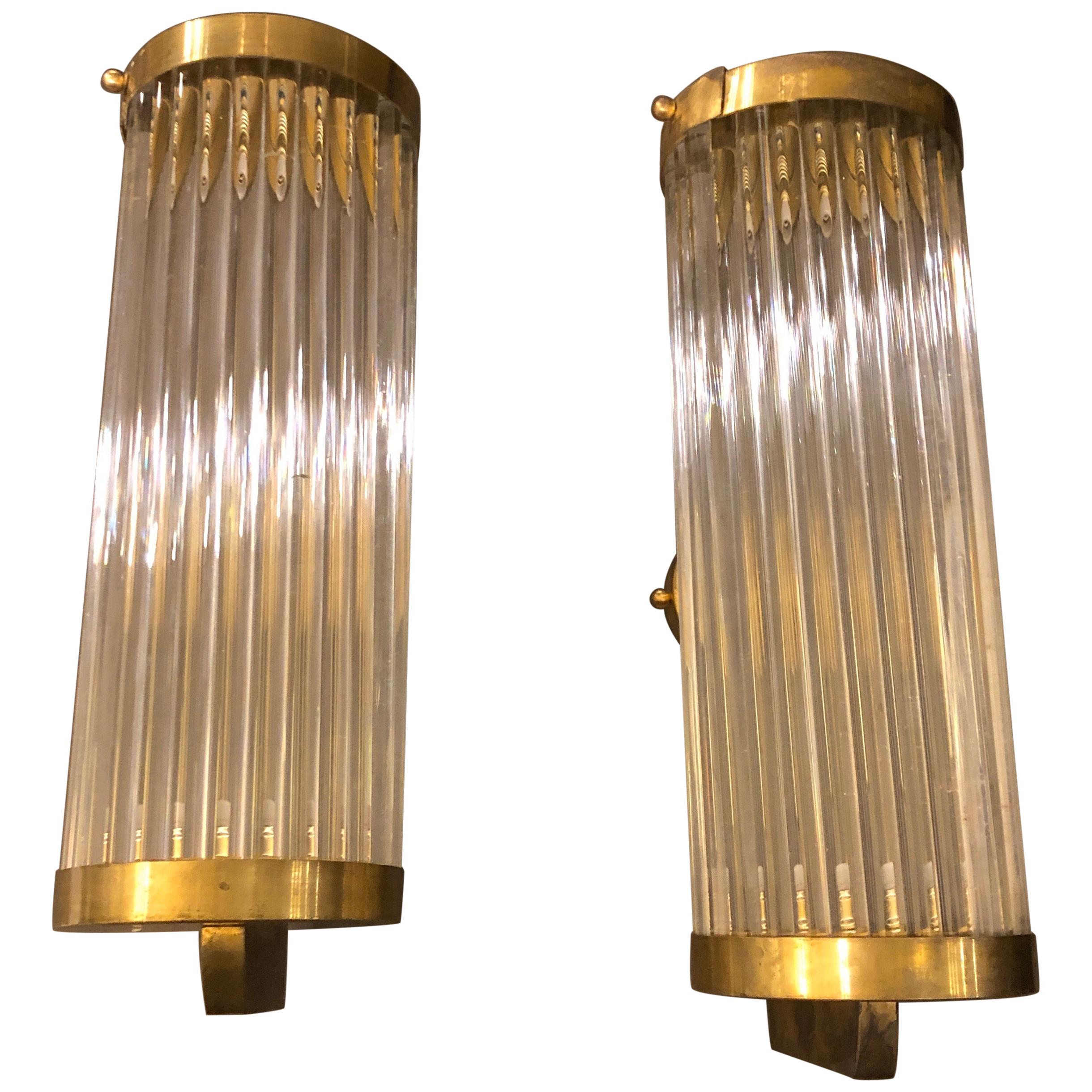 Two Mid-Century Modern Brass and Glass Italian wall Sconces, circa 1970