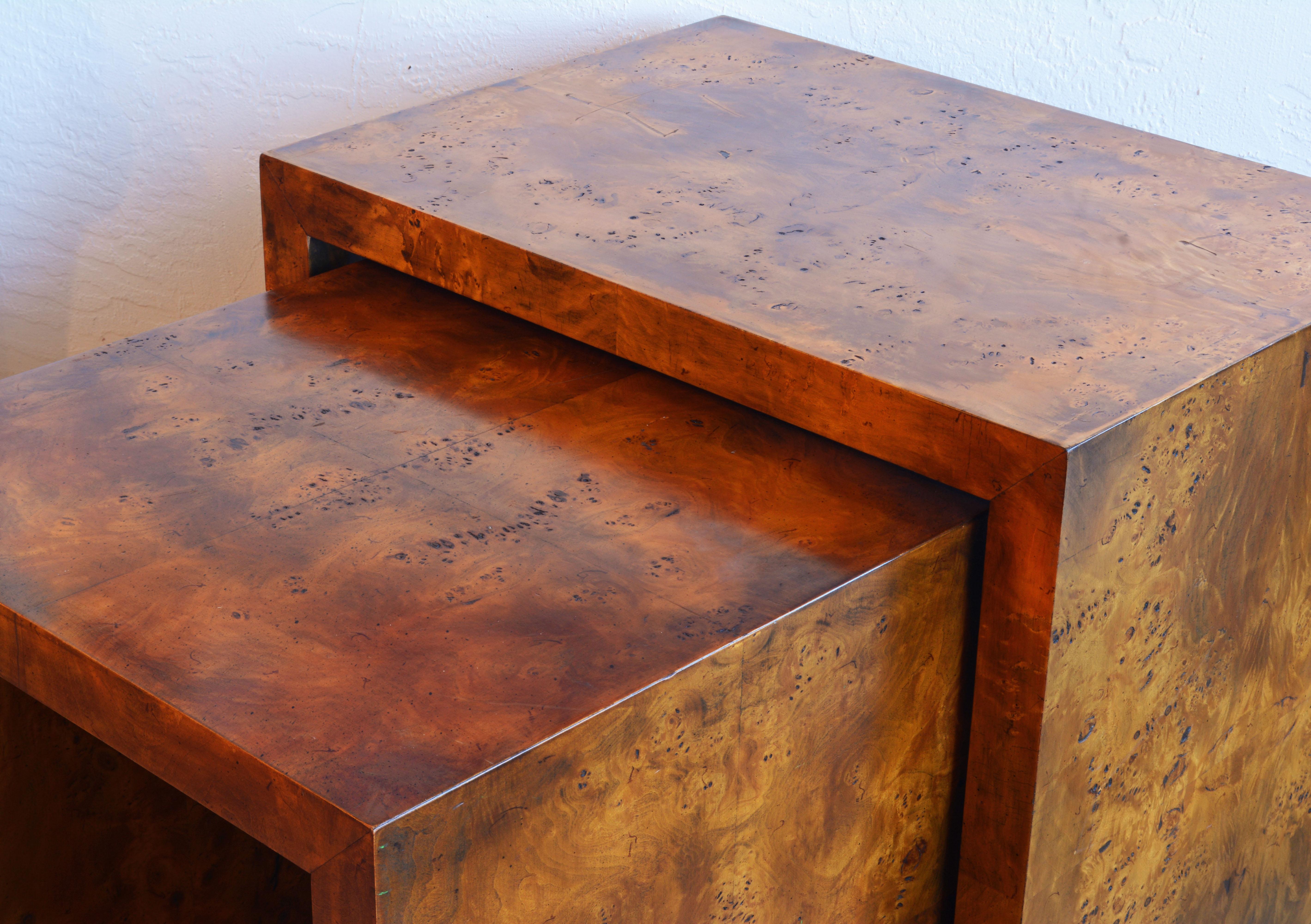 Two Mid-Century Modern Burled Wood Closed Side Nesting Tables by Milo Baughman 7