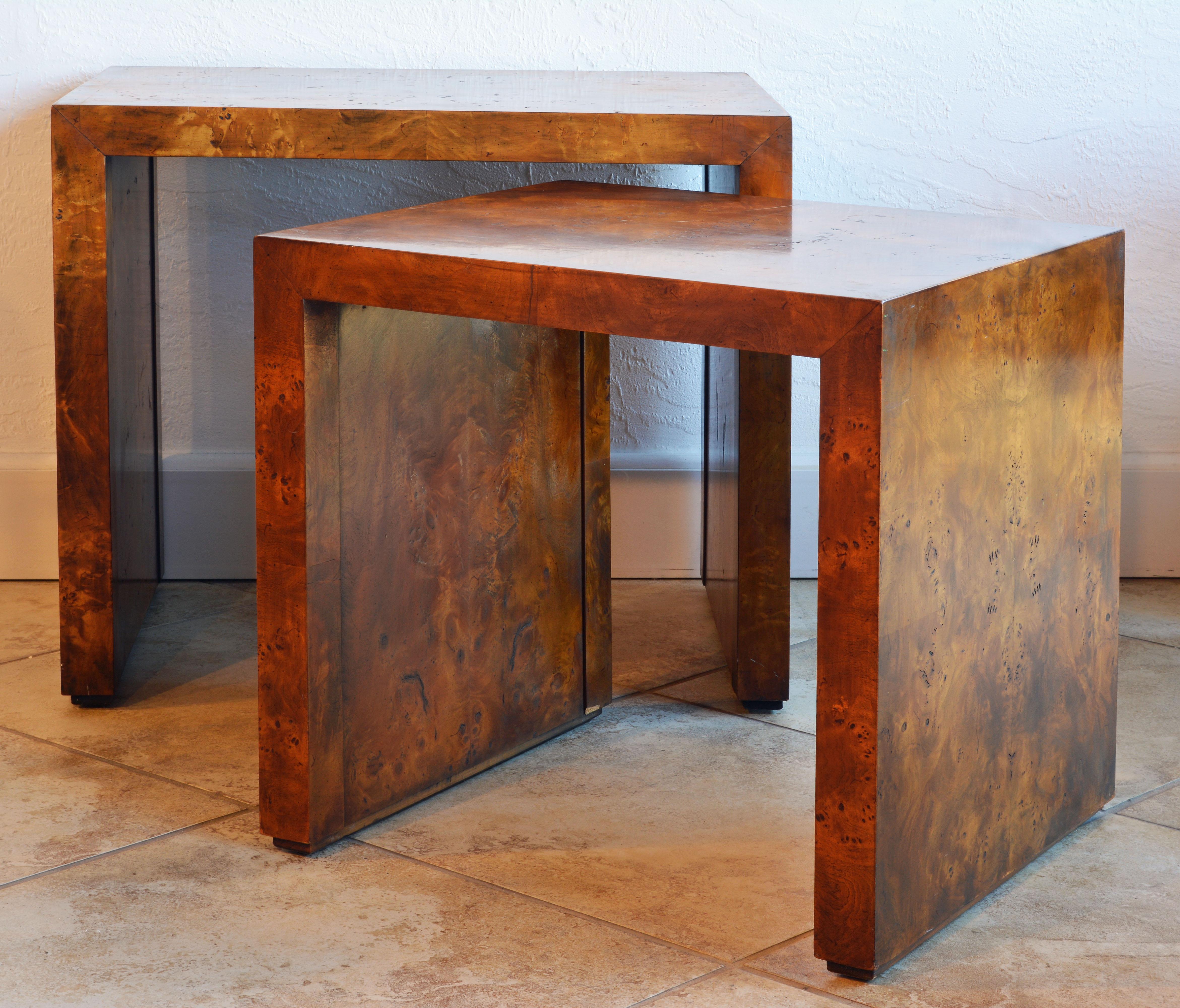 Veneer Two Mid-Century Modern Burled Wood Closed Side Nesting Tables by Milo Baughman