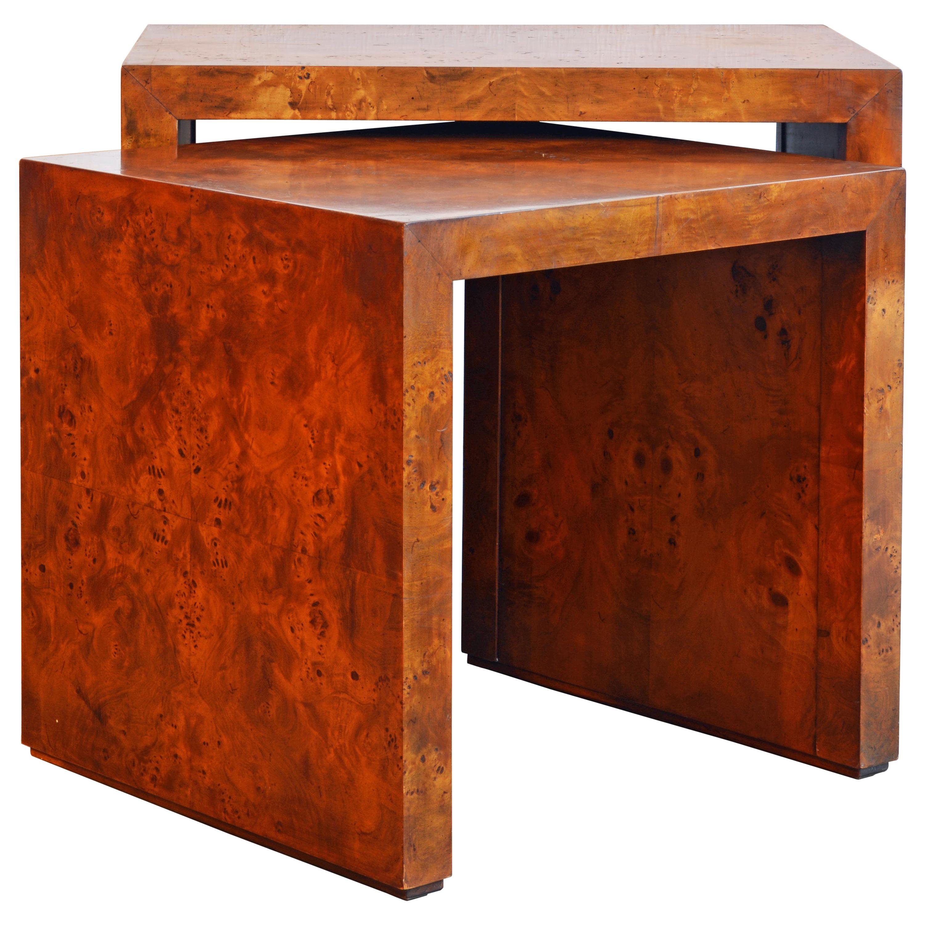 Two Mid-Century Modern Burled Wood Closed Side Nesting Tables by Milo Baughman