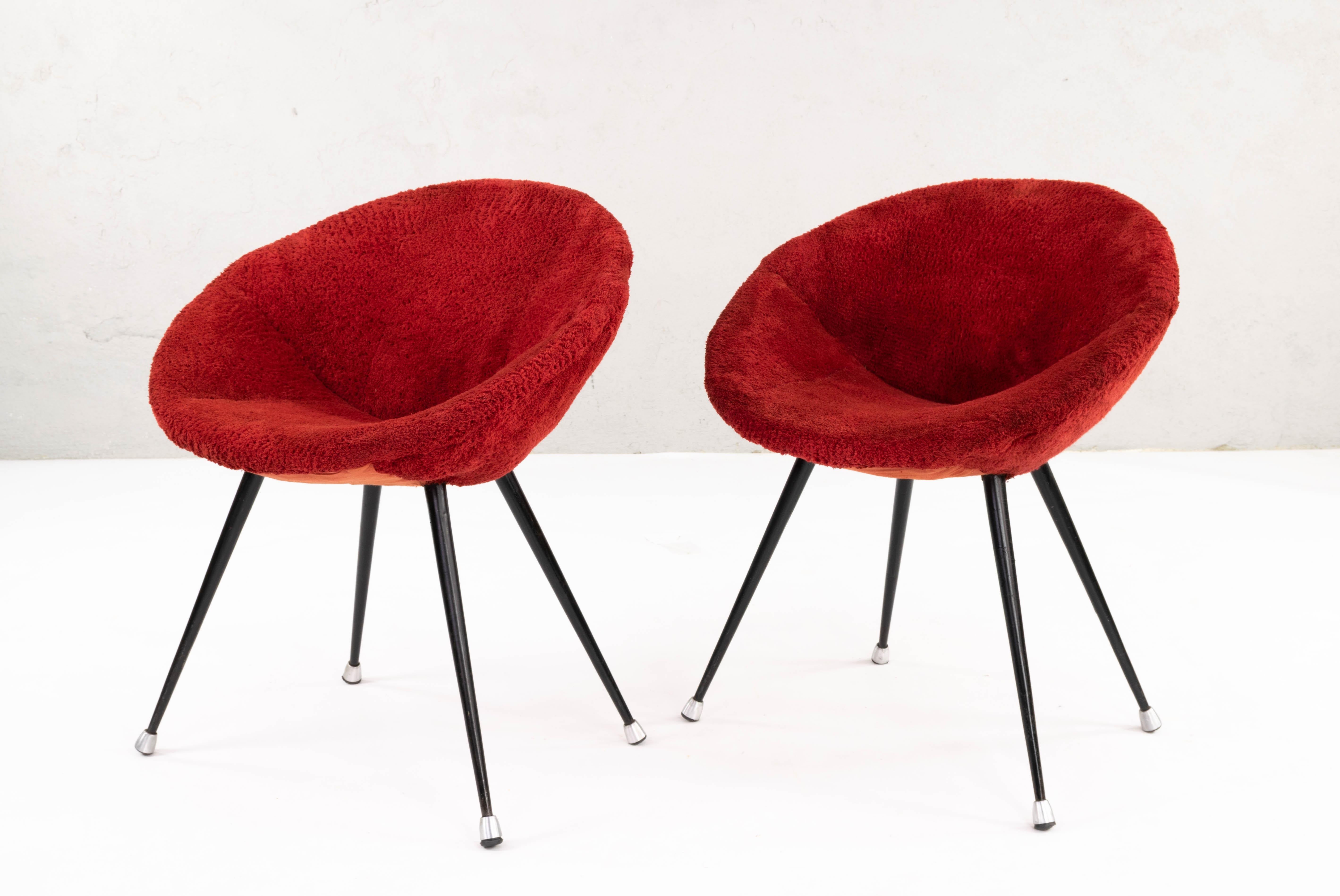 Two French Mid Century Modern Children's Shell Chairs in Iron and Red Plush 1950 2