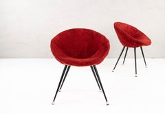 Two French Mid Century Modern Children's Shell Chairs in Iron and Red Plush 1950