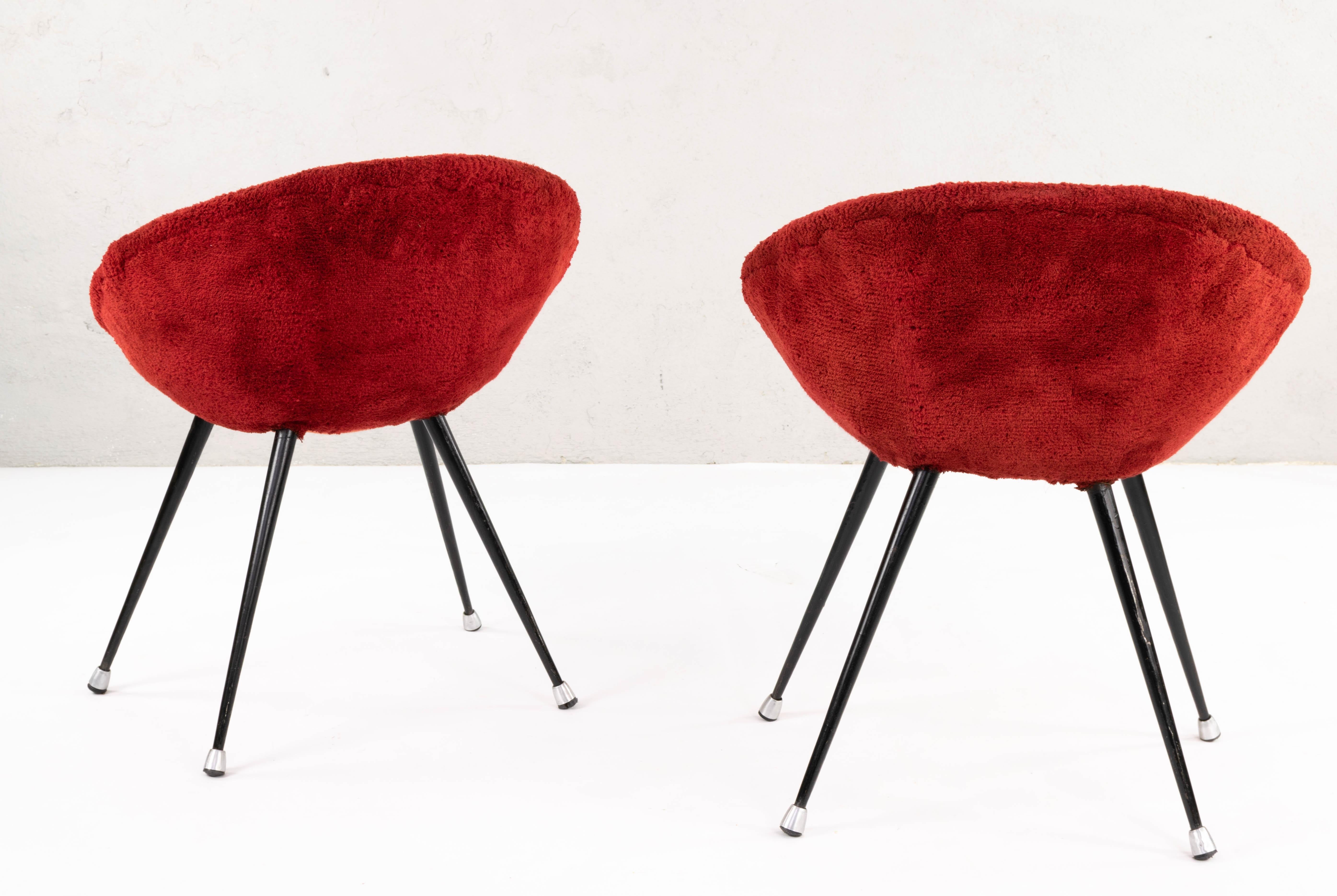 Mid-Century Modern Two French Mid Century Modern Children's Shell Chairs in Iron and Red Plush 1950