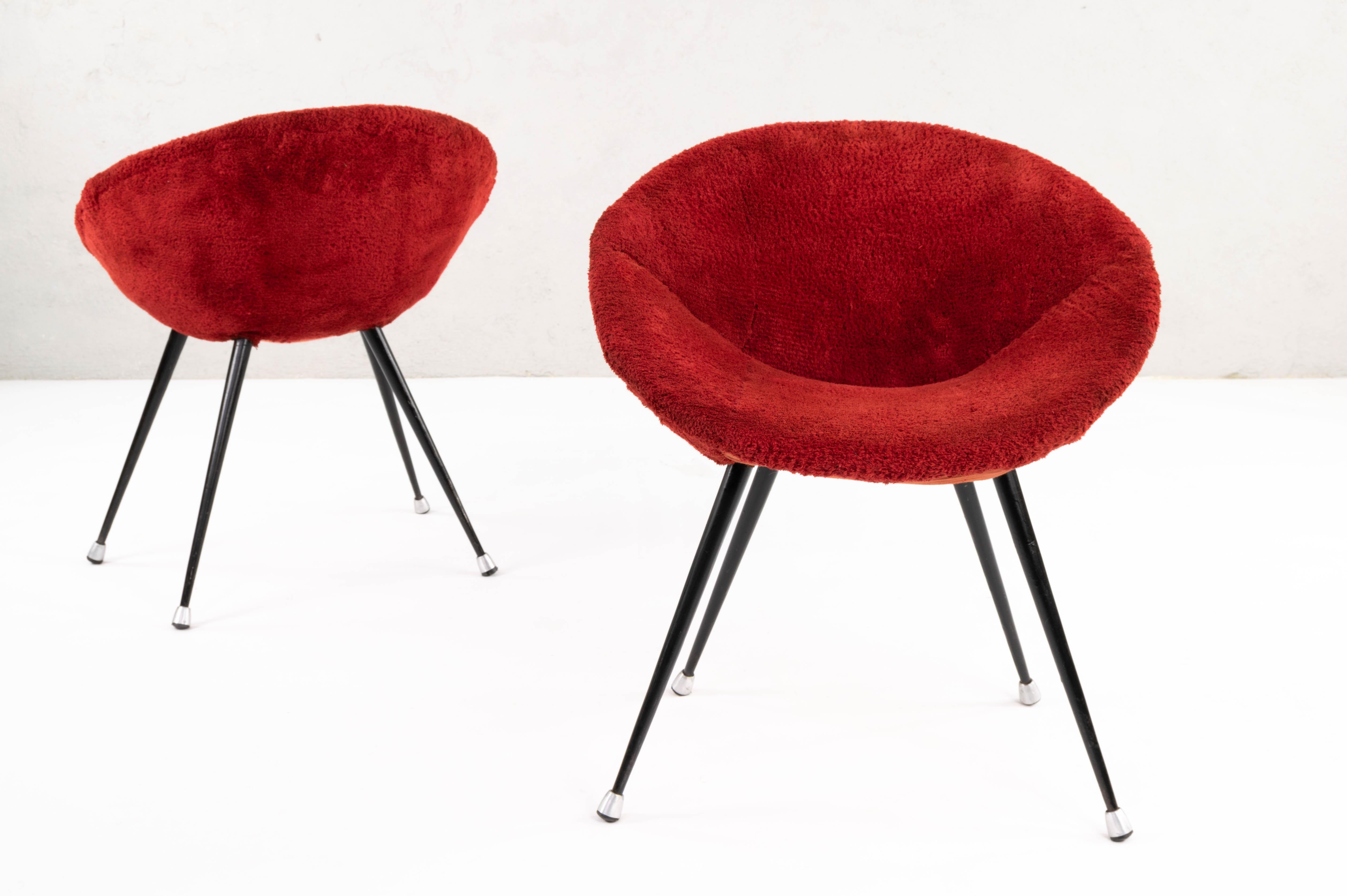 Lacquered Two French Mid Century Modern Children's Shell Chairs in Iron and Red Plush 1950