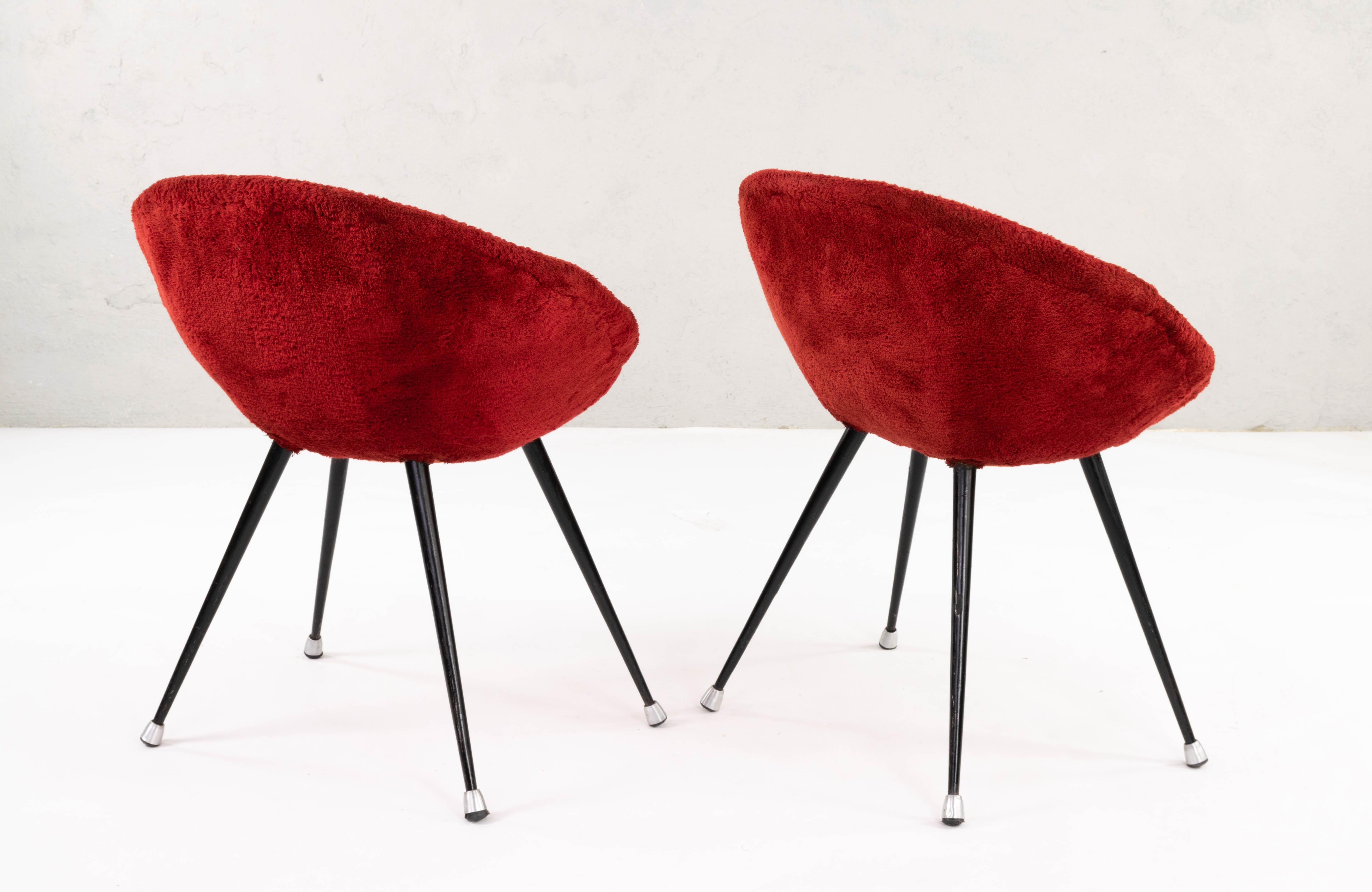 19th Century Two French Mid Century Modern Children's Shell Chairs in Iron and Red Plush 1950
