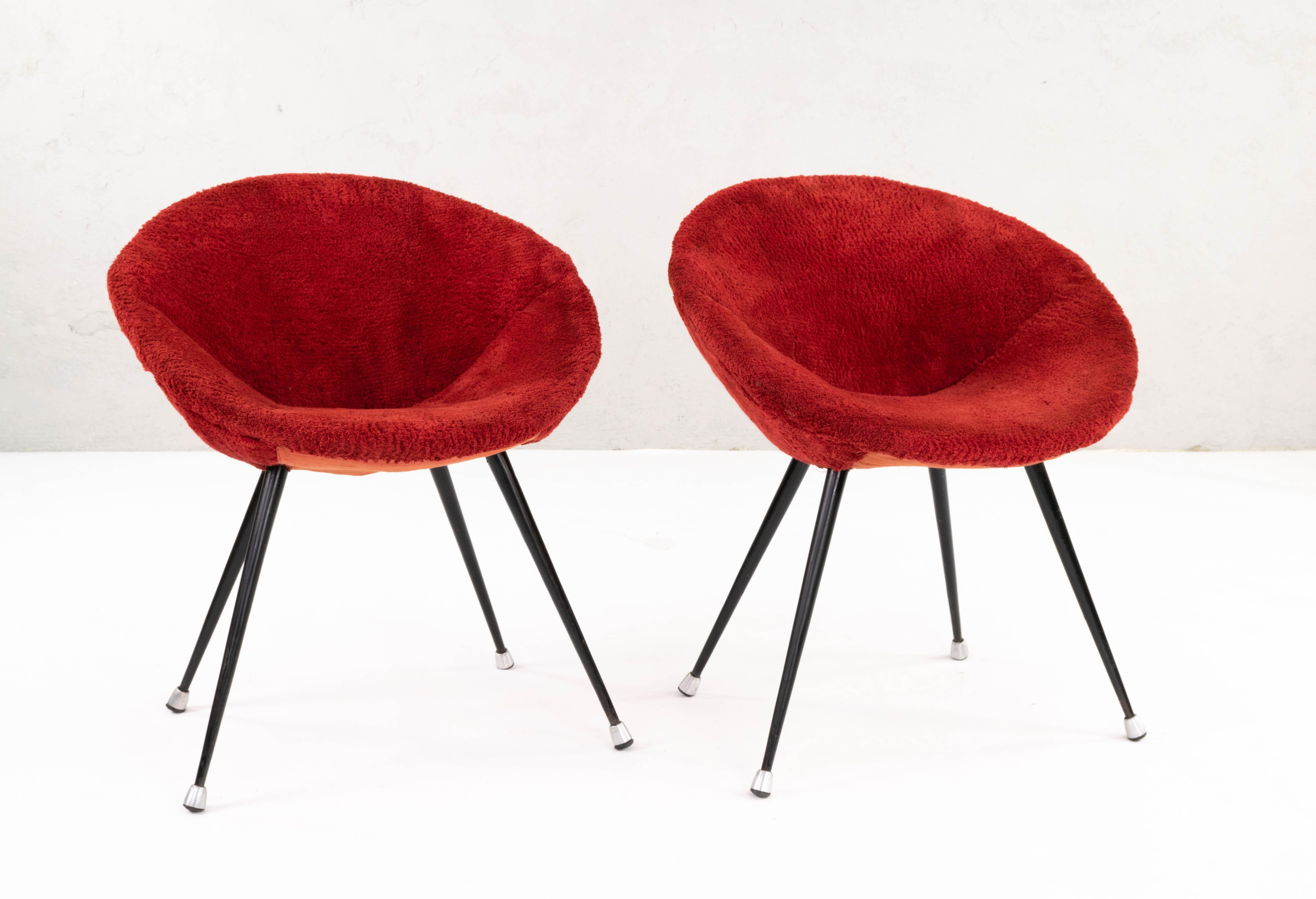 Two French Mid Century Modern Children's Shell Chairs in Iron and Red Plush 1950 1