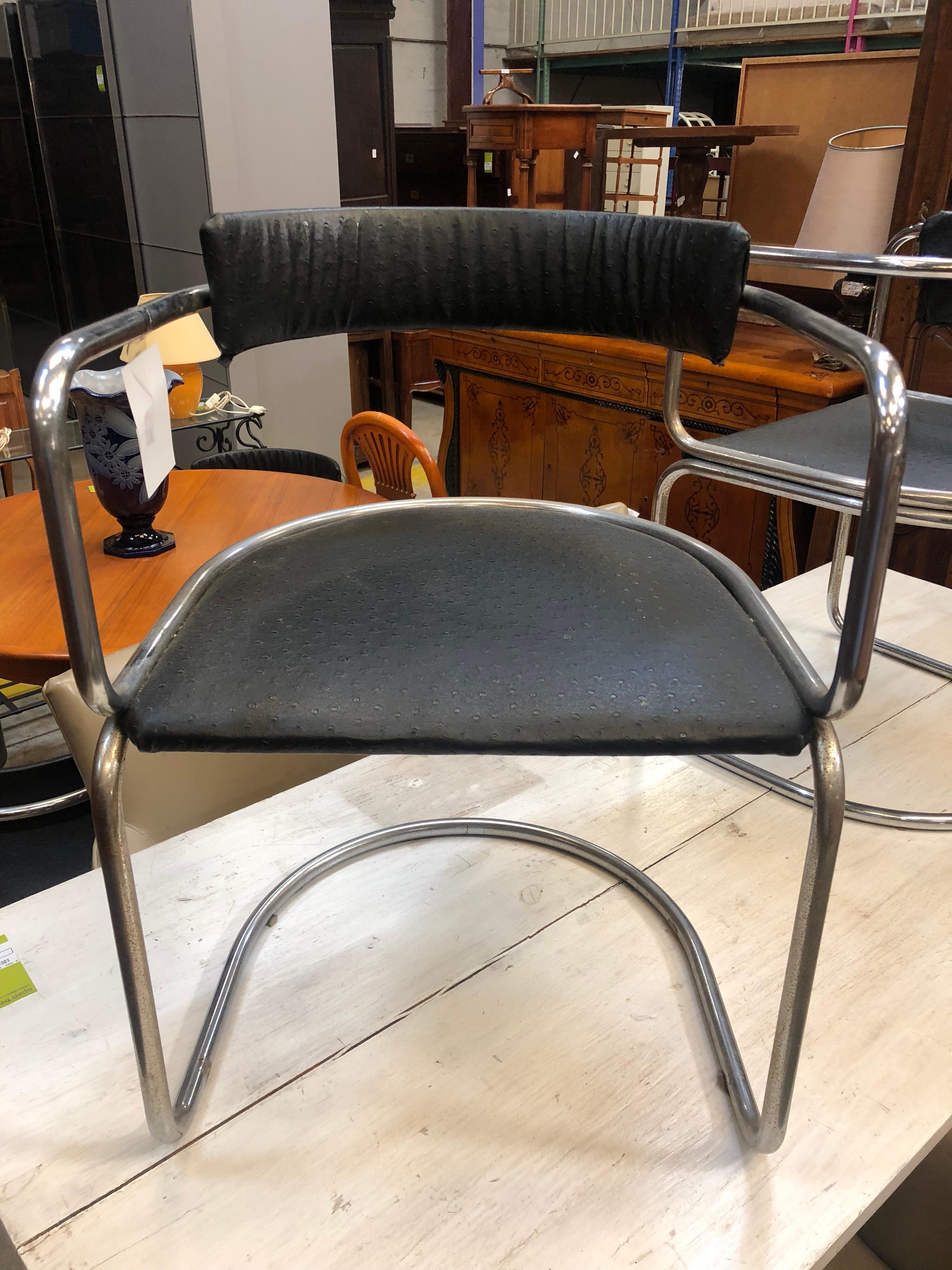 Two Mid-Century Modern Chrome Black Leather Skai Chairs In Good Condition In Sofia, BG