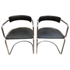 Two Mid-Century Modern Chrome Black Leather Skai Chairs