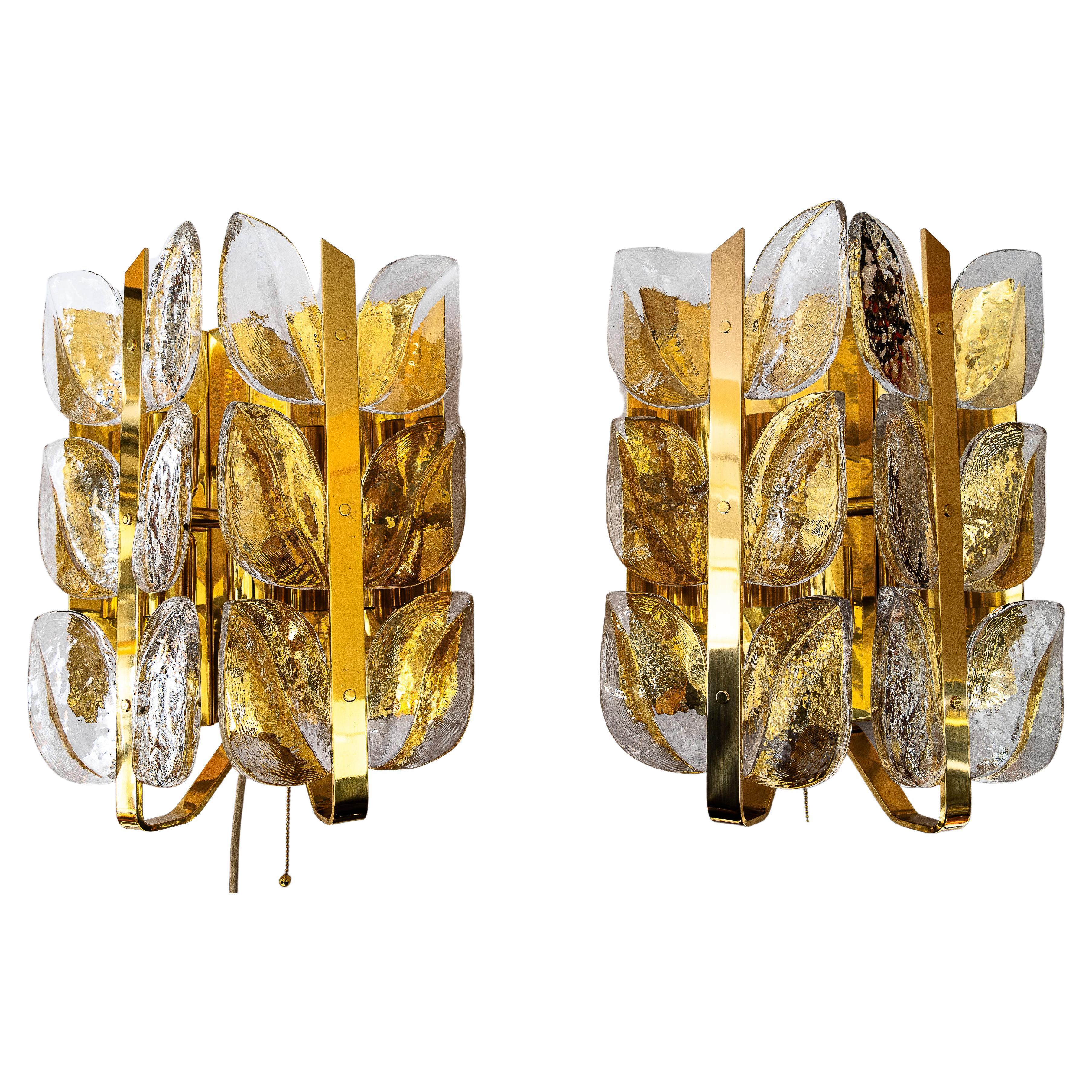 Two Mid - Century Modern "Florida" wall lamps by Kalmar, Glass and Brass, 1970s  For Sale