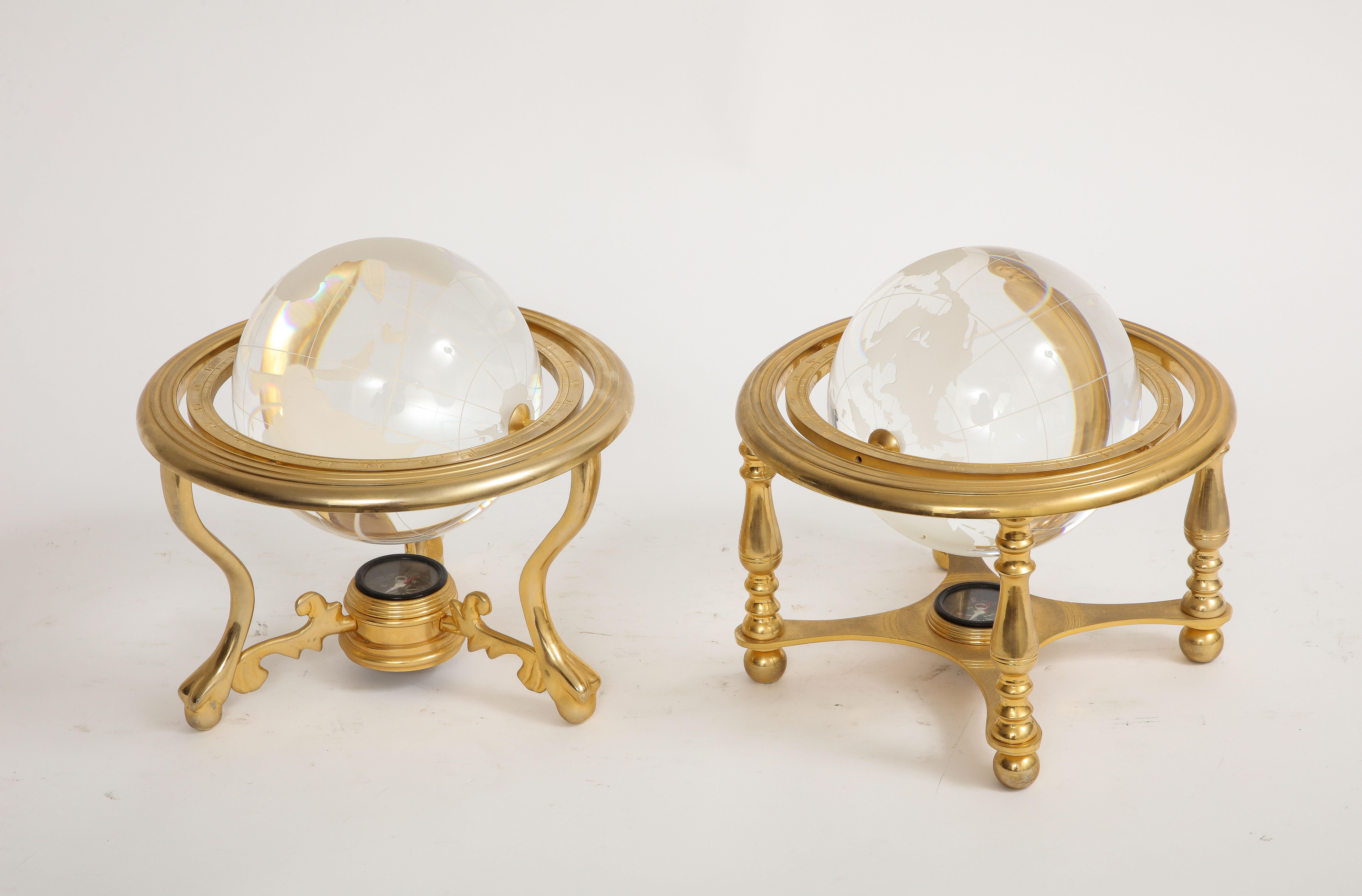 Etched Two Mid-Century Modern French Gilt Bronze Mounted Crystal Models of Globes