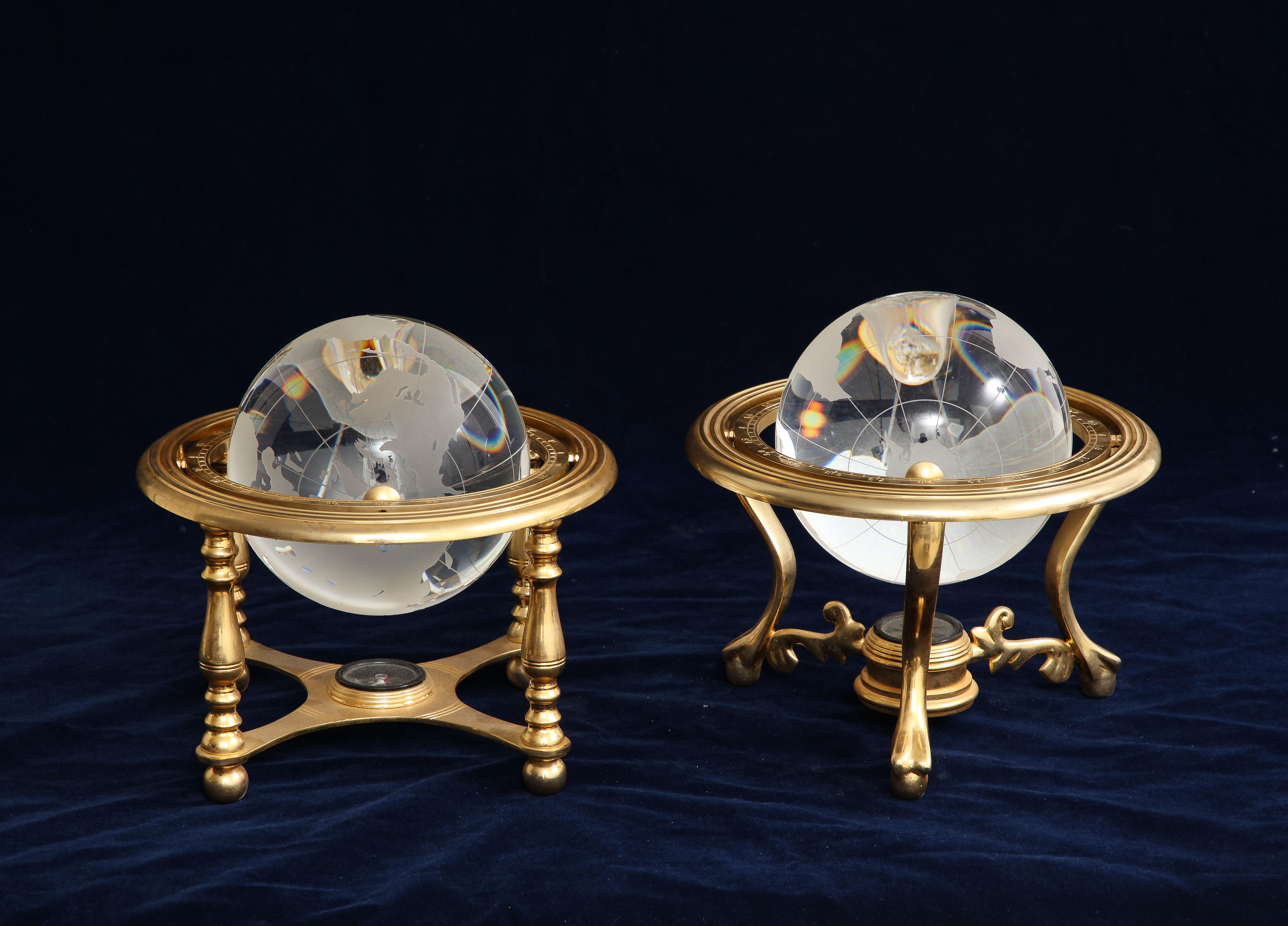 Two Mid-Century Modern French Gilt Bronze Mounted Crystal Models of Globes In Good Condition In New York, NY