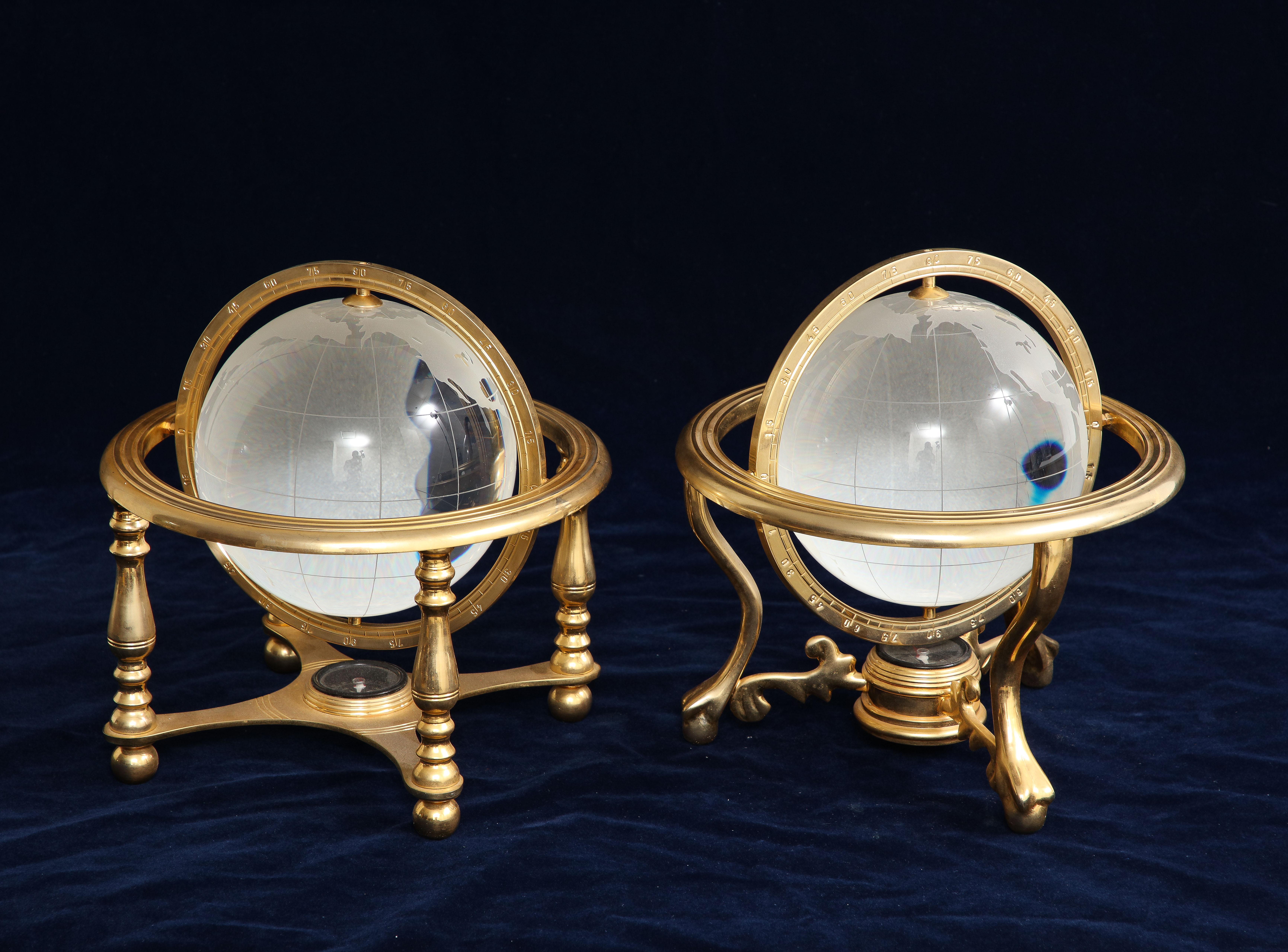 Late 20th Century Two Mid-Century Modern French Gilt Bronze Mounted Crystal Models of Globes