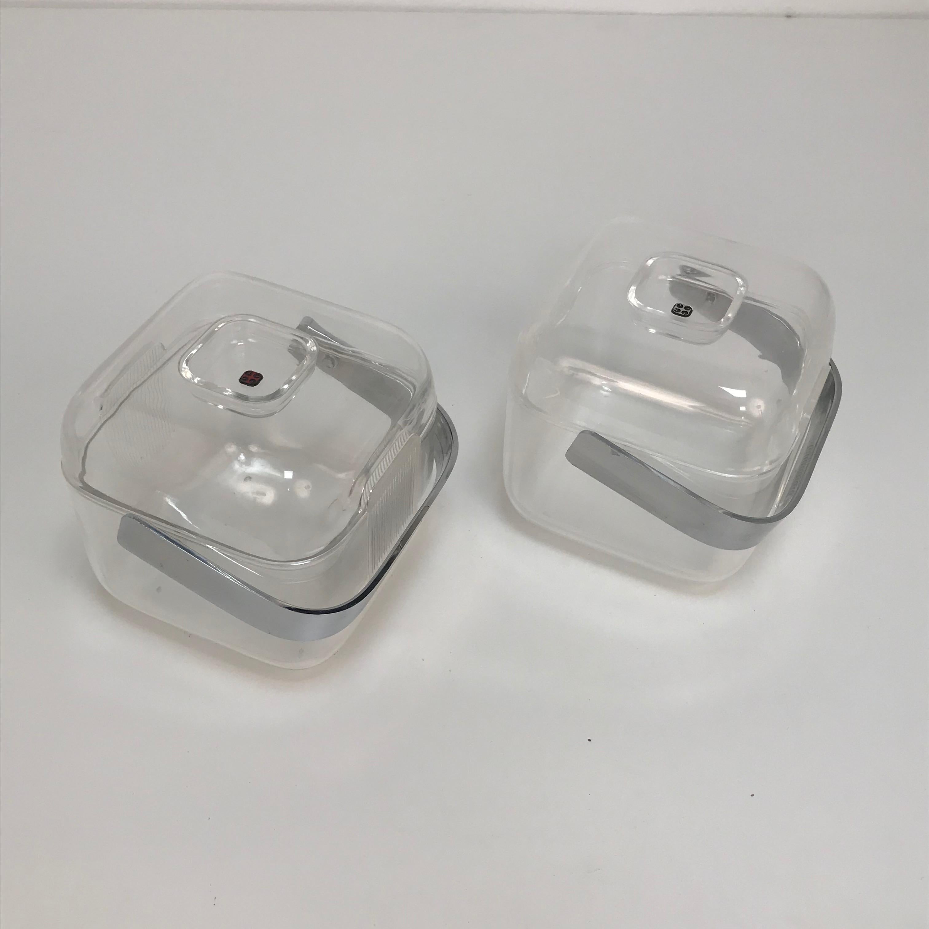 Late 20th Century Pair of Signed Guzzini Midcentury Italian Lucite and Chrome Ice Buckets, 1970s For Sale