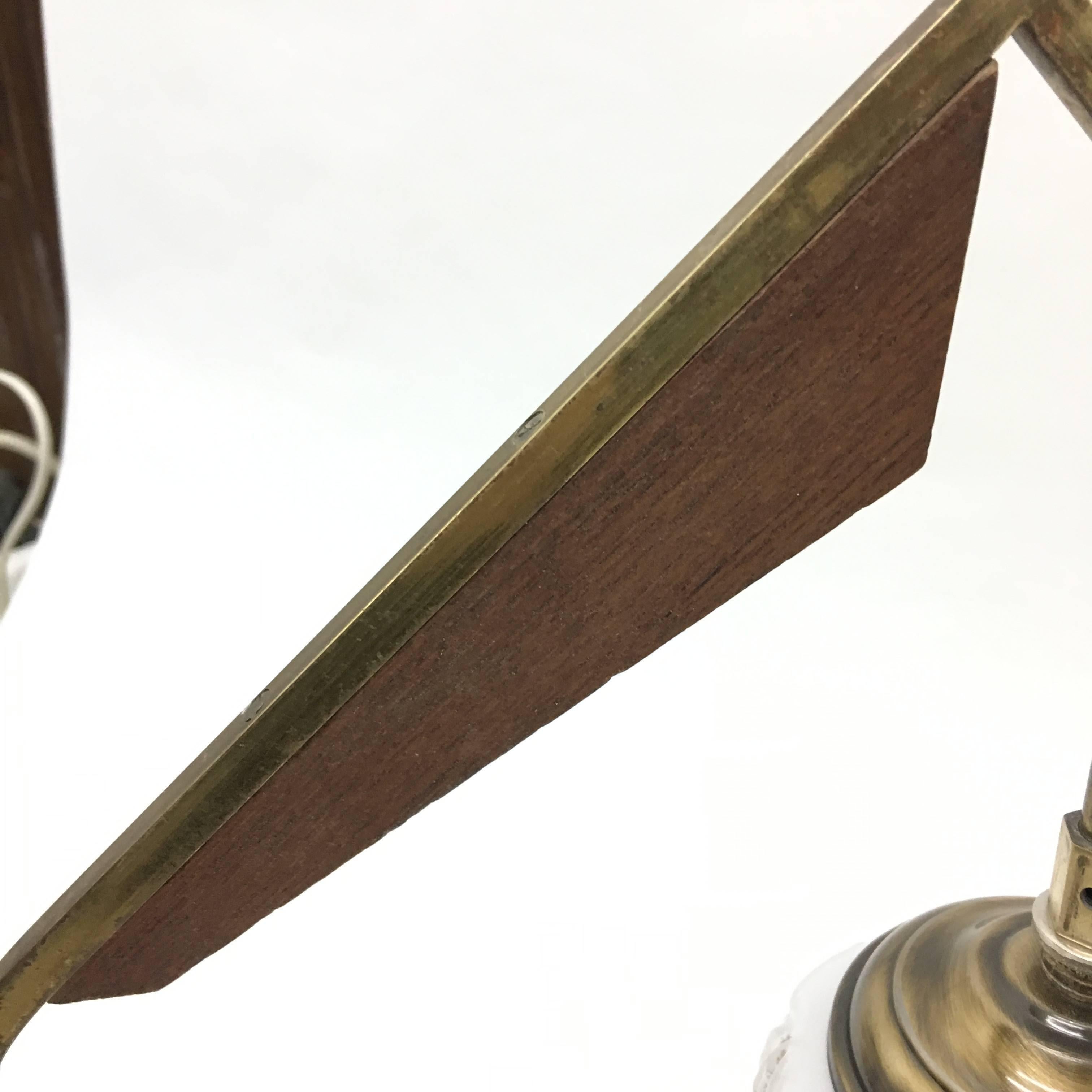 Two 1950s Mid-Century Modern Italian Teak, Brass and White Glass Wall Sconces For Sale 1