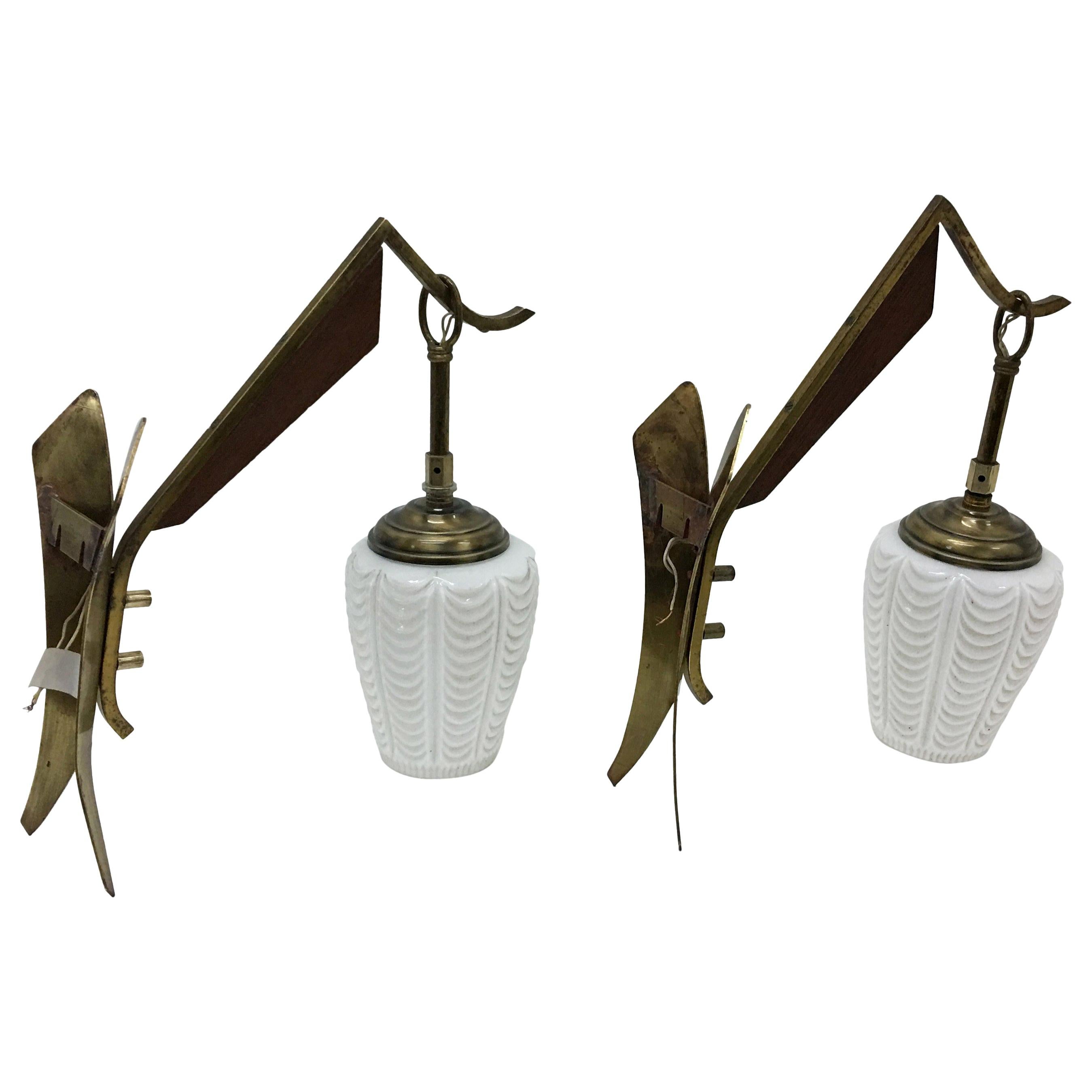 Two 1950s Mid-Century Modern Italian Teak, Brass and White Glass Wall Sconces For Sale