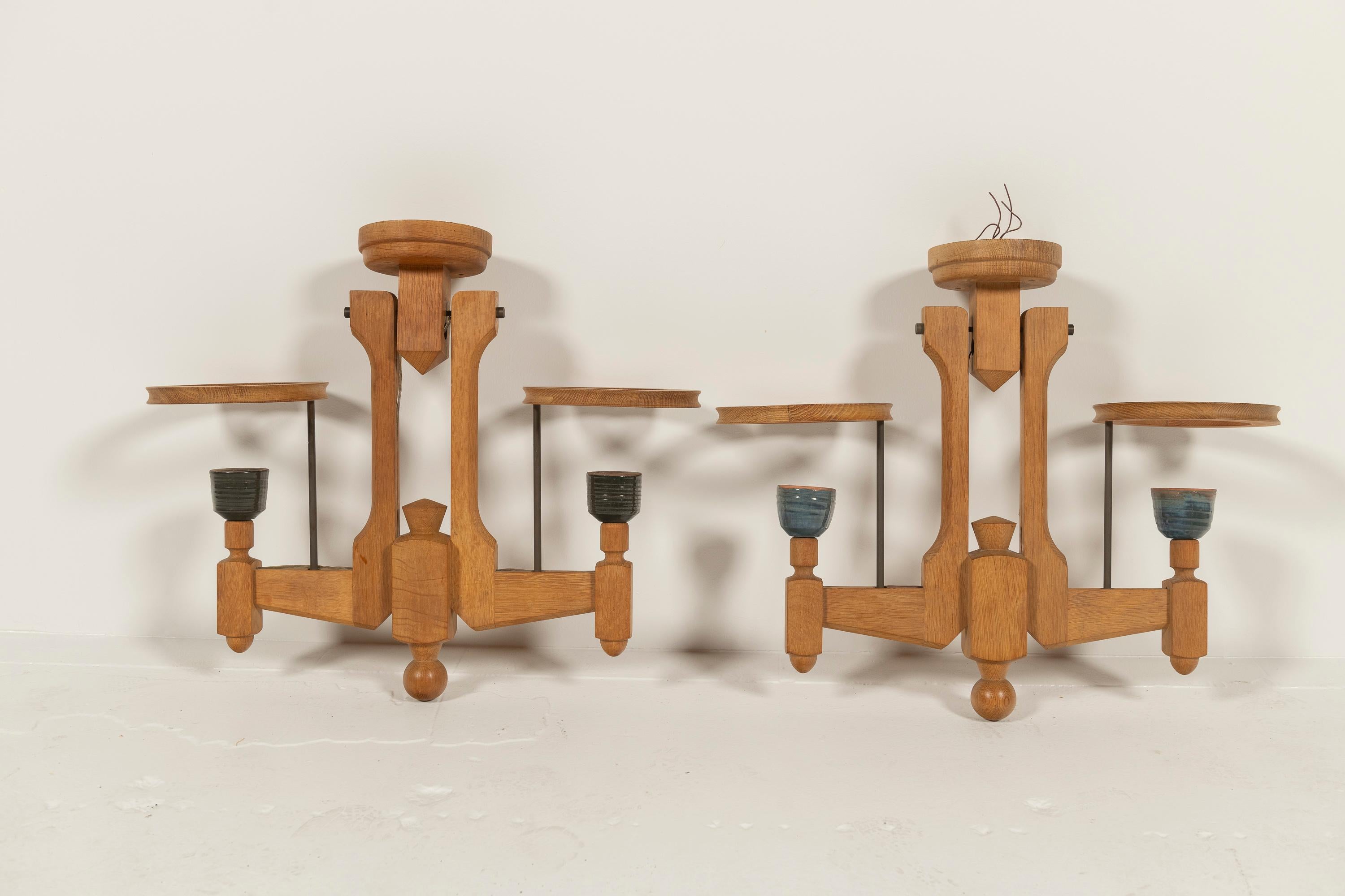 Two Mid-Century Modern Oak and Ceramic Chandeliers by Guillerme & Chambon, 1960s For Sale 5