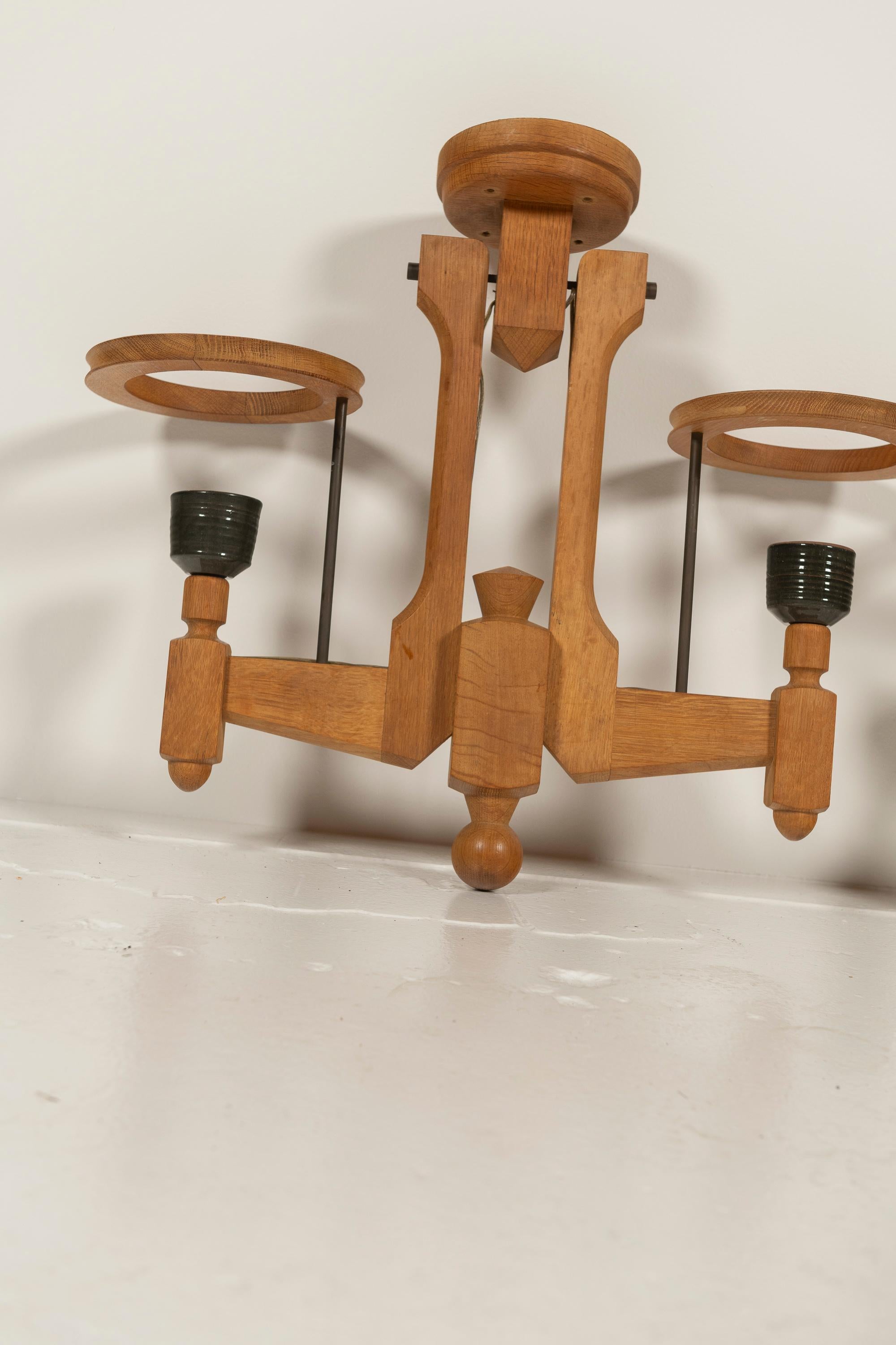 Two Mid-Century Modern Oak and Ceramic Chandeliers by Guillerme & Chambon, 1960s In Good Condition For Sale In San Francisco, CA