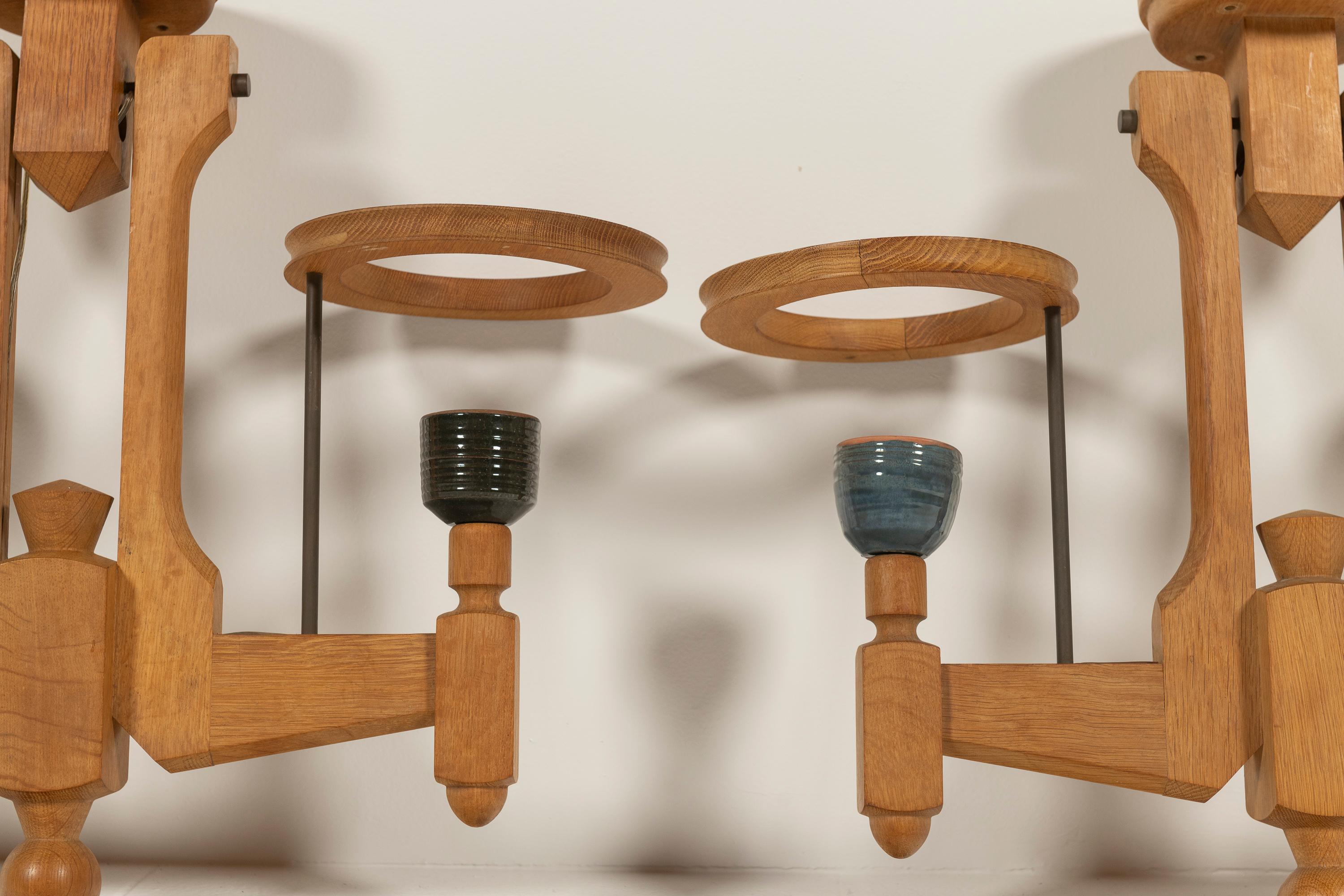 20th Century Two Mid-Century Modern Oak and Ceramic Chandeliers by Guillerme & Chambon, 1960s For Sale
