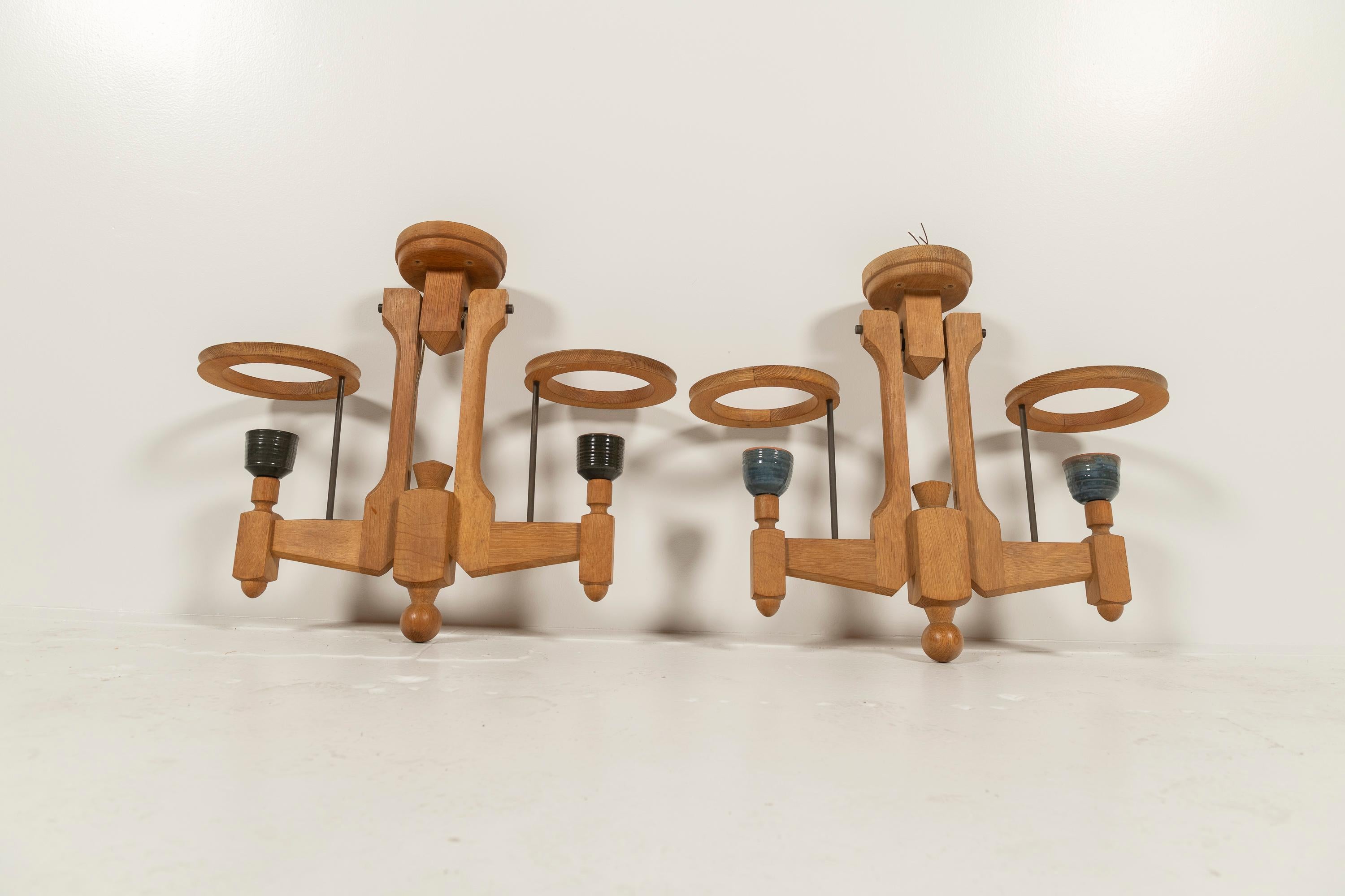 Two Mid-Century Modern Oak and Ceramic Chandeliers by Guillerme & Chambon, 1960s For Sale 1