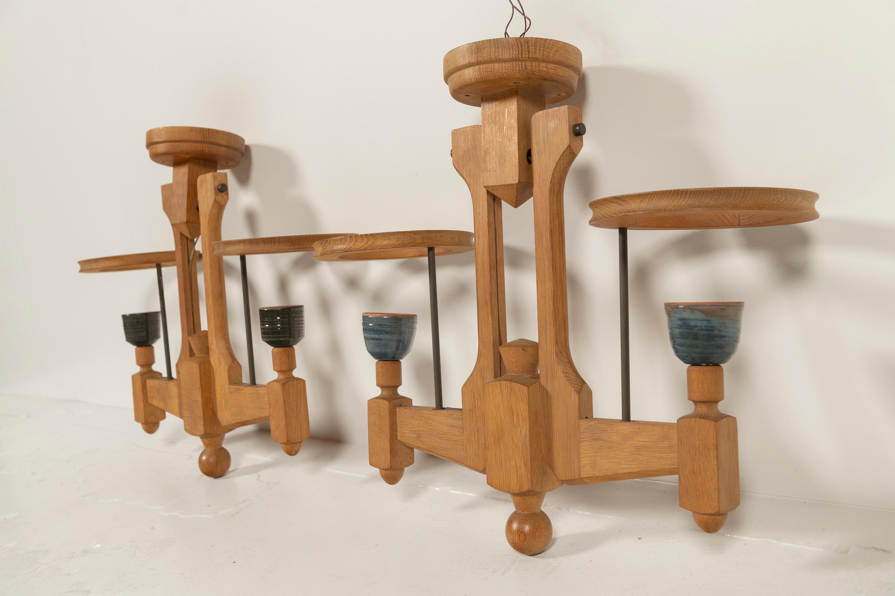 Two Mid-Century Modern Oak and Ceramic Chandeliers by Guillerme & Chambon, 1960s For Sale 2